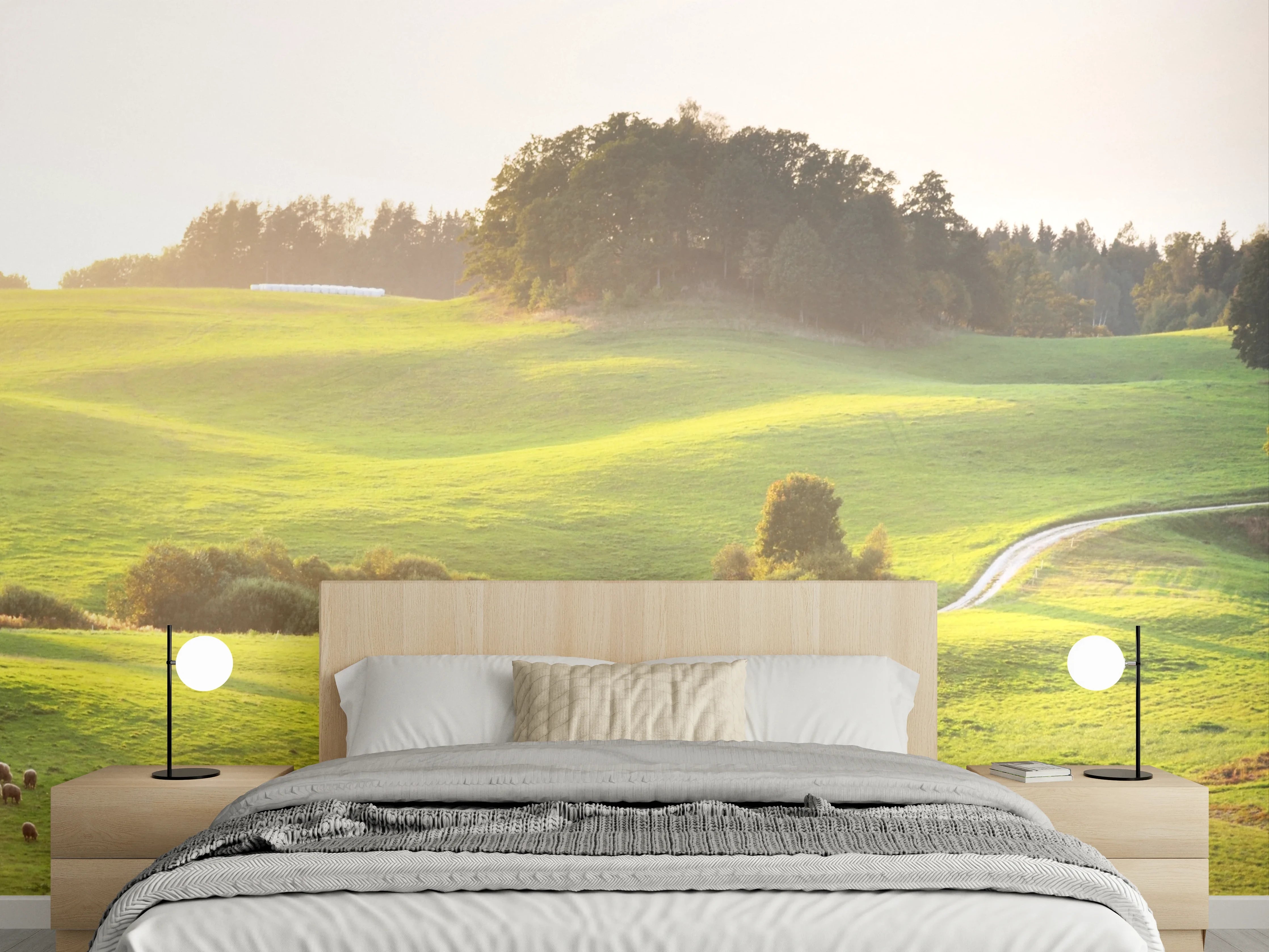 Wandverkleidung Schlafzimmer - Sonnenbeschienene grüne Hügellandschaft mit Bäumen