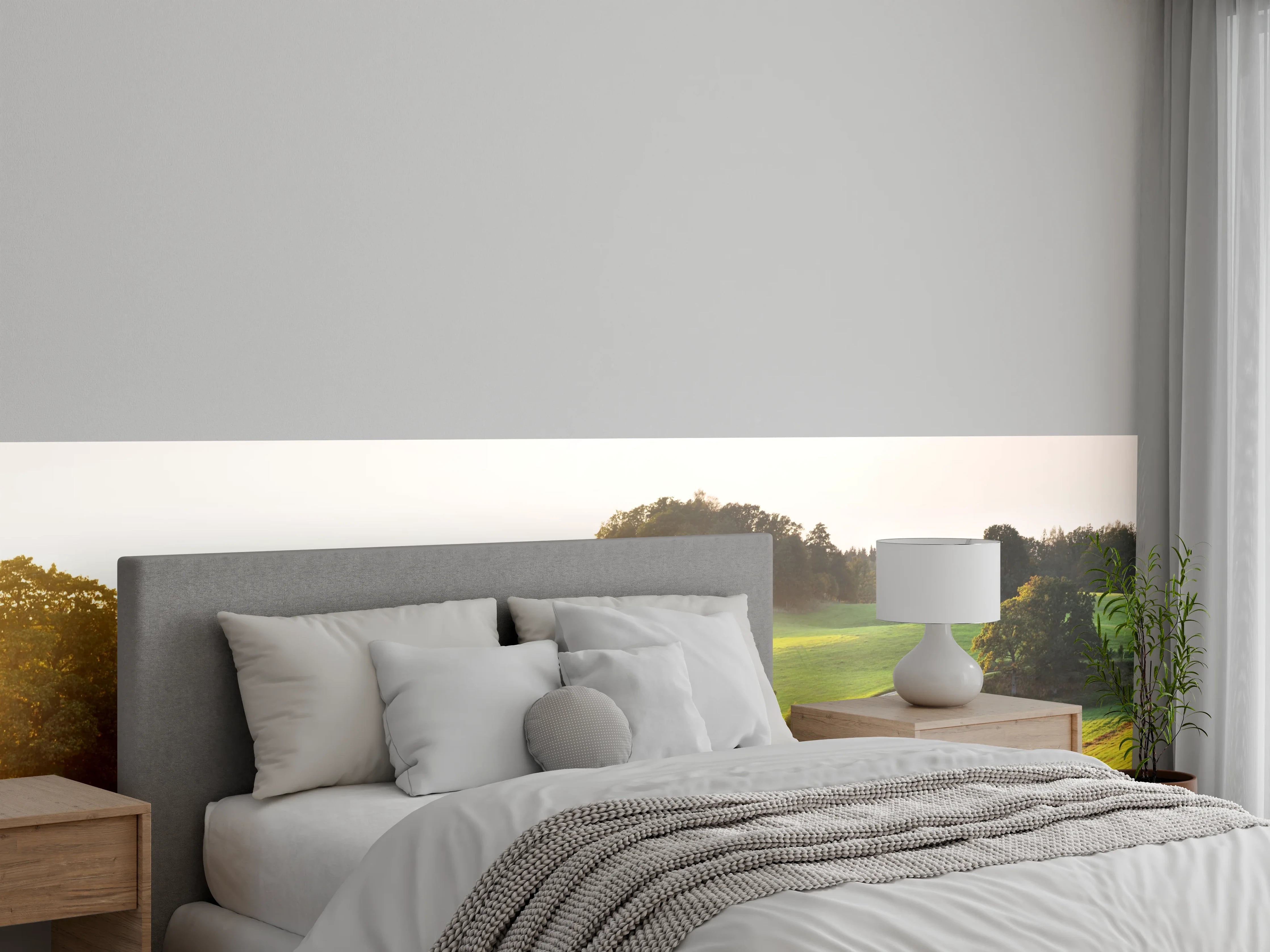 Wandverkleidung Schlafzimmer - Sonnenbeschienene grüne Hügellandschaft mit Bäumen