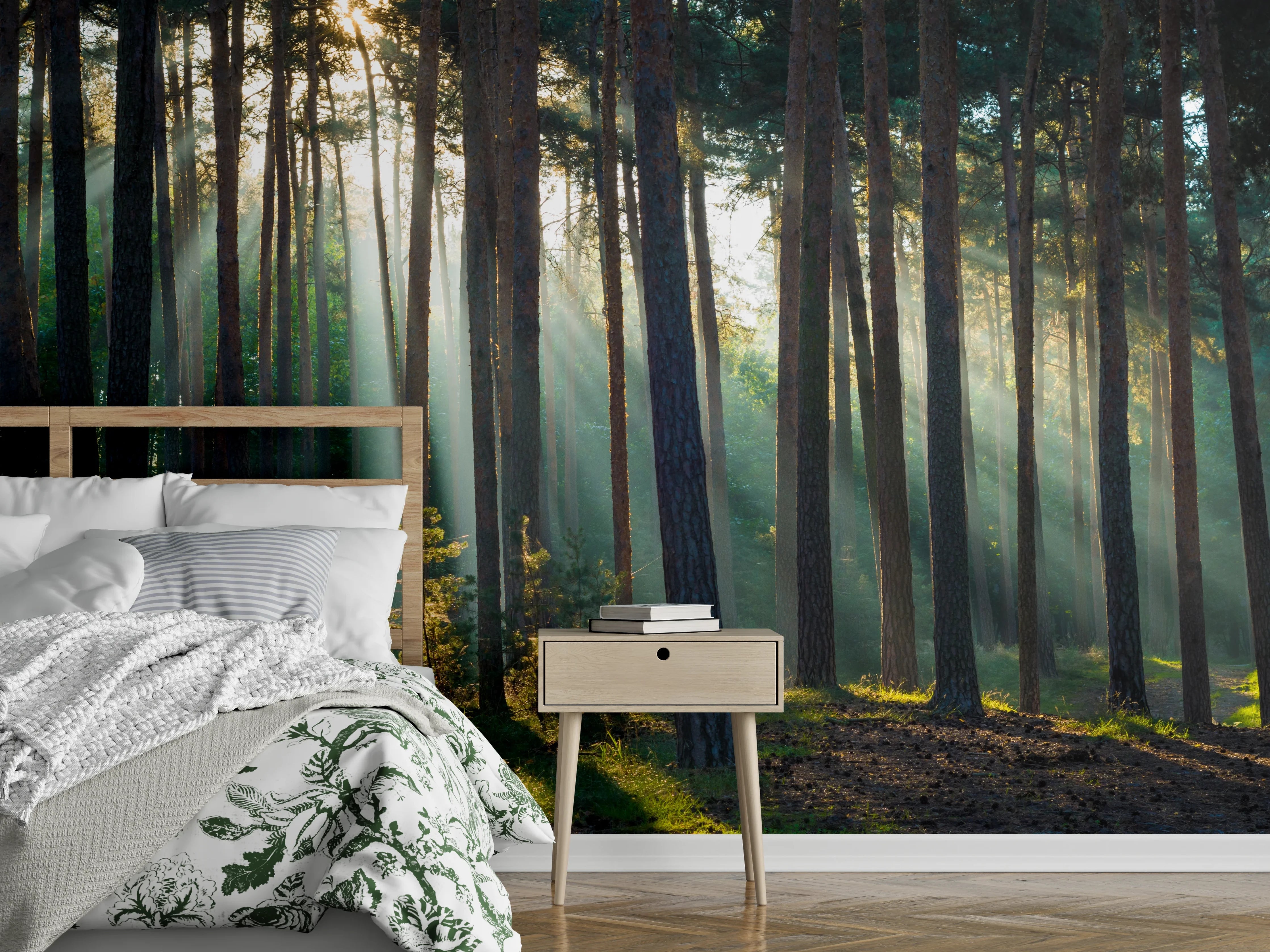 Wandverkleidung Schlafzimmer - Sonnenlicht durch Wald