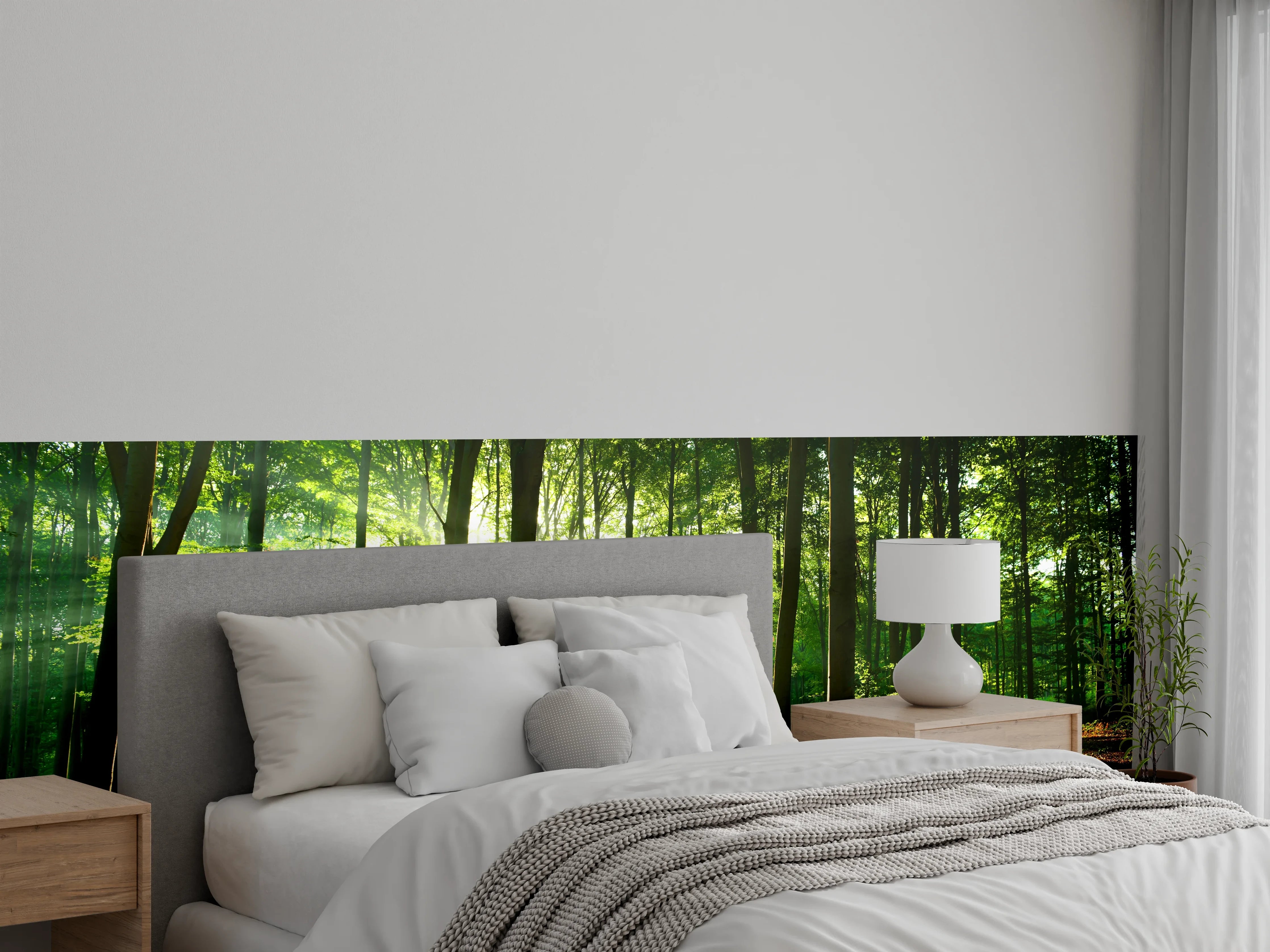 Wandverkleidung Schlafzimmer - Sonnenstrahlen im grünen Waldmotiv