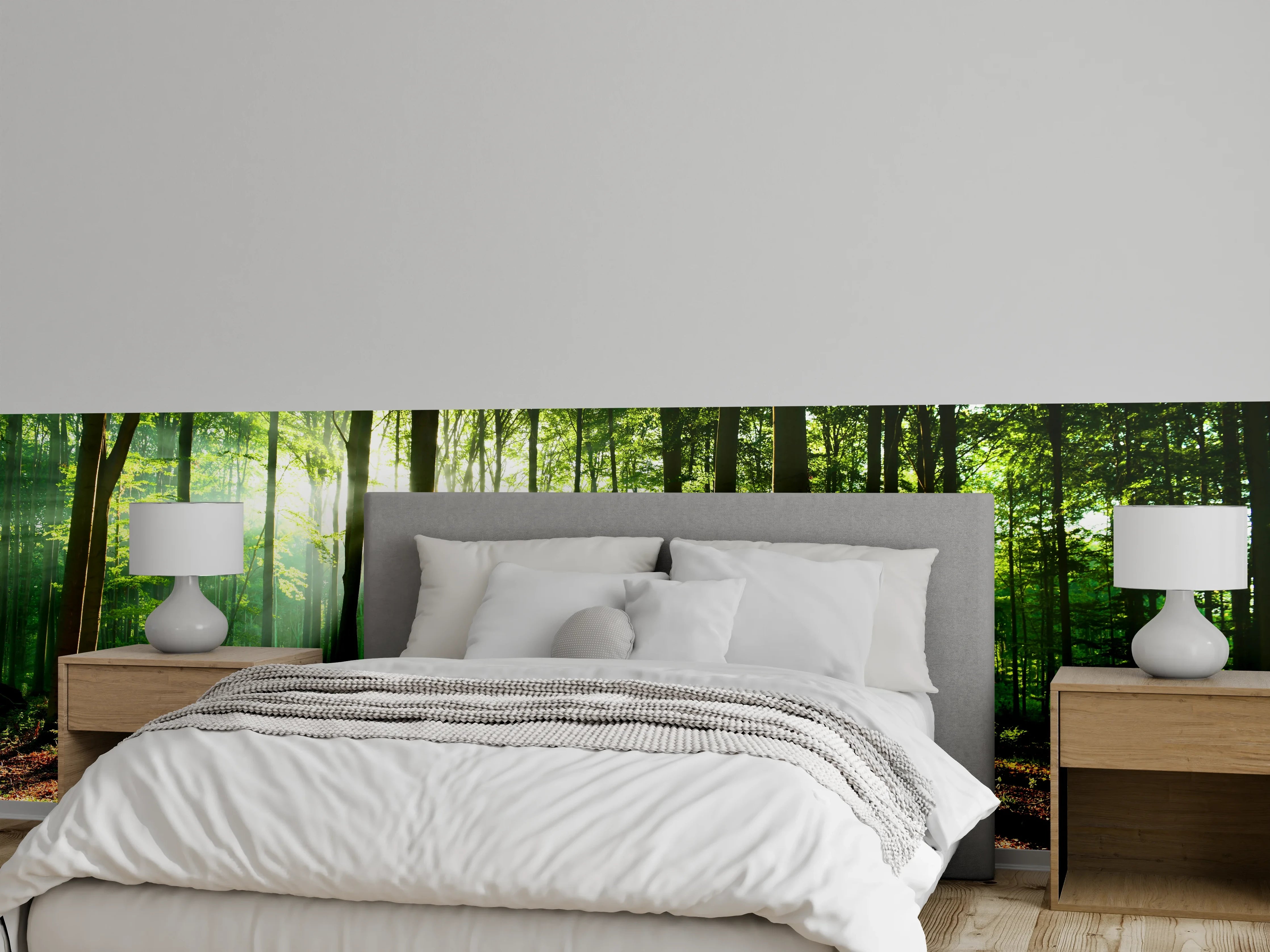 Wandverkleidung Schlafzimmer - Sonnenstrahlen im grünen Waldmotiv