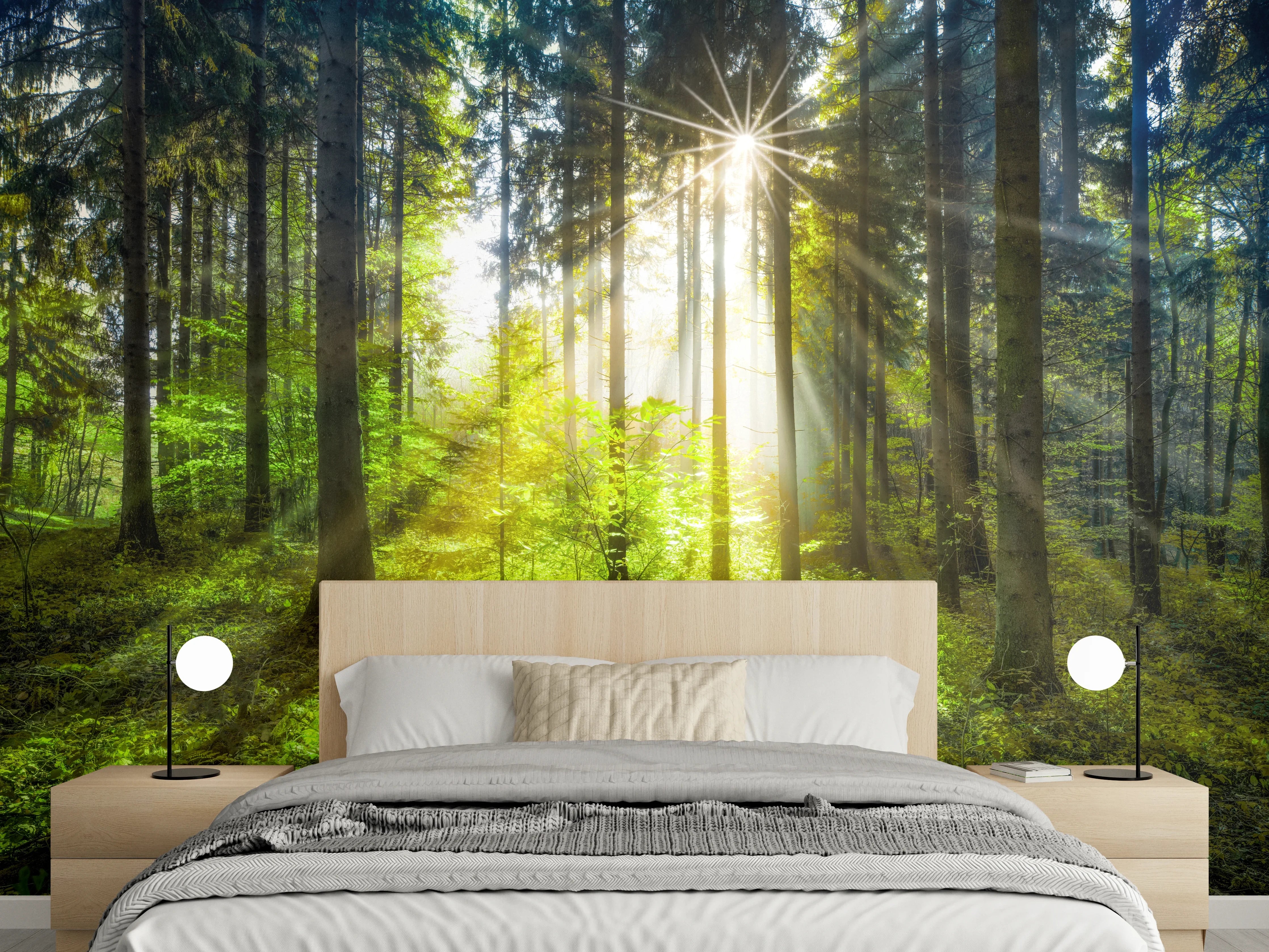Wandverkleidung Schlafzimmer - Sonnenstrahlen im lebendigem Wald 