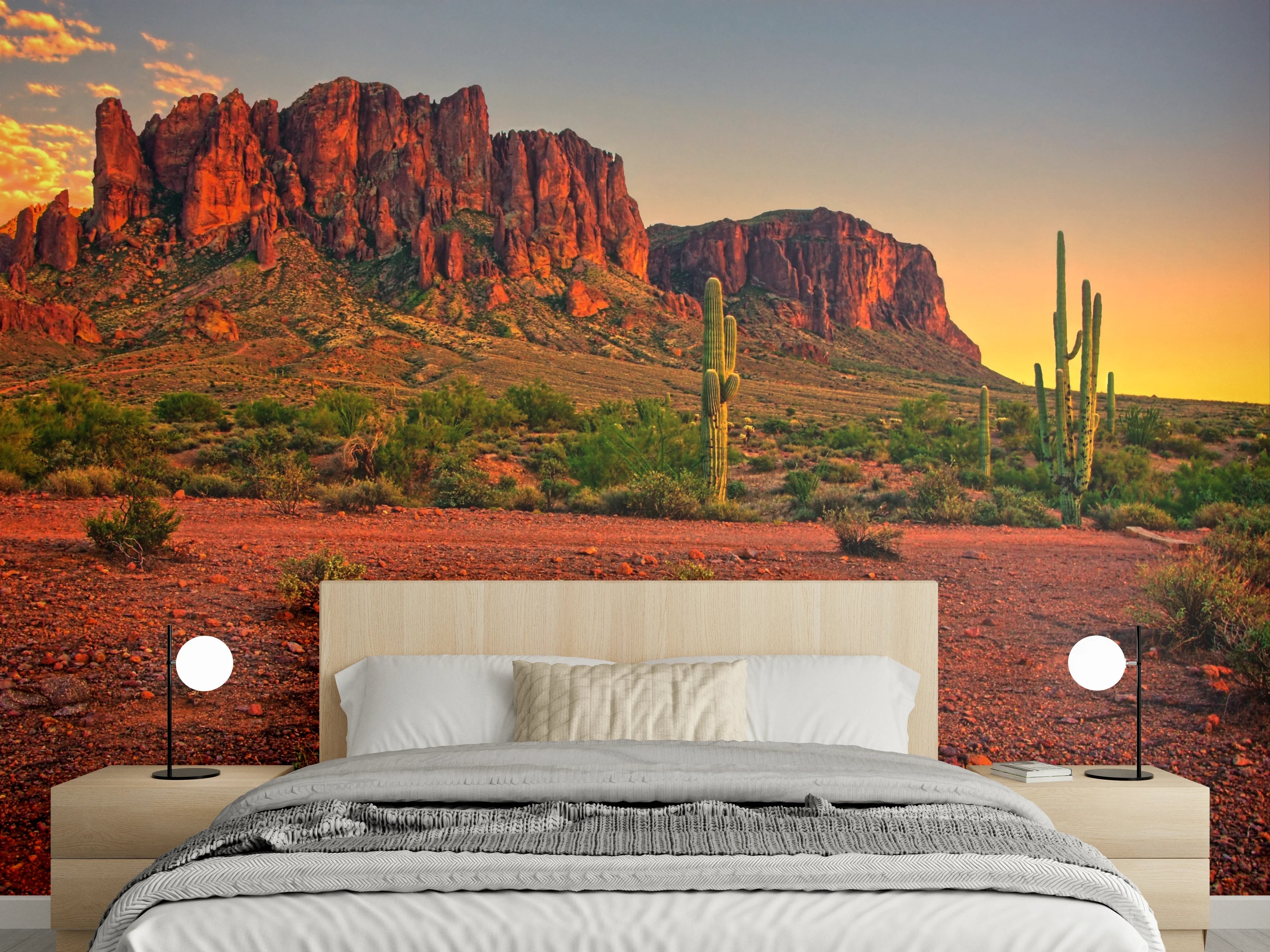 Wandverkleidung Schlafzimmer - Sonnenuntergang Wüstenlandschaft mit Kakteen