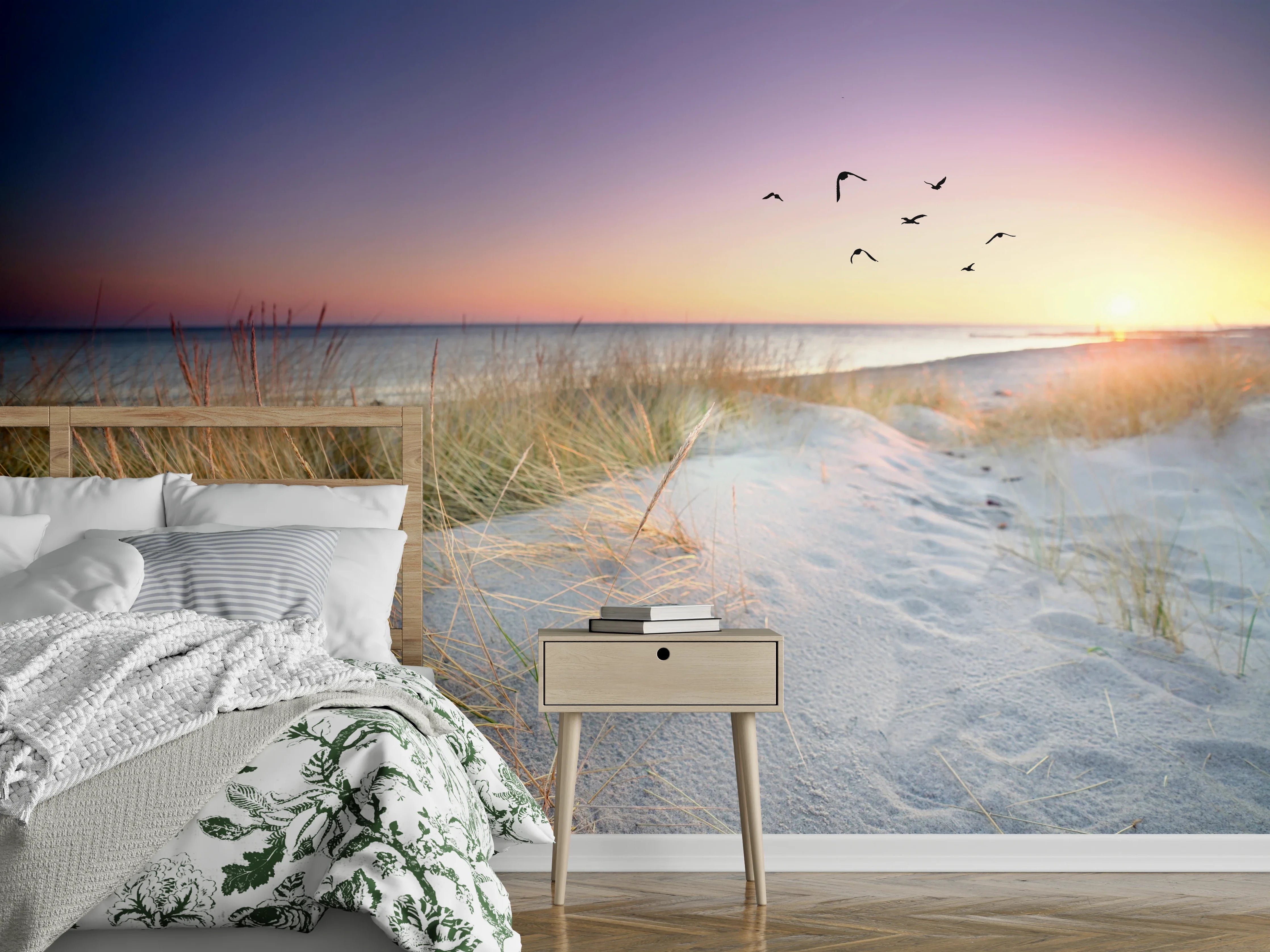 Wandverkleidung Schlafzimmer - Sonnenuntergang am Dünenstrand Fotomotiv