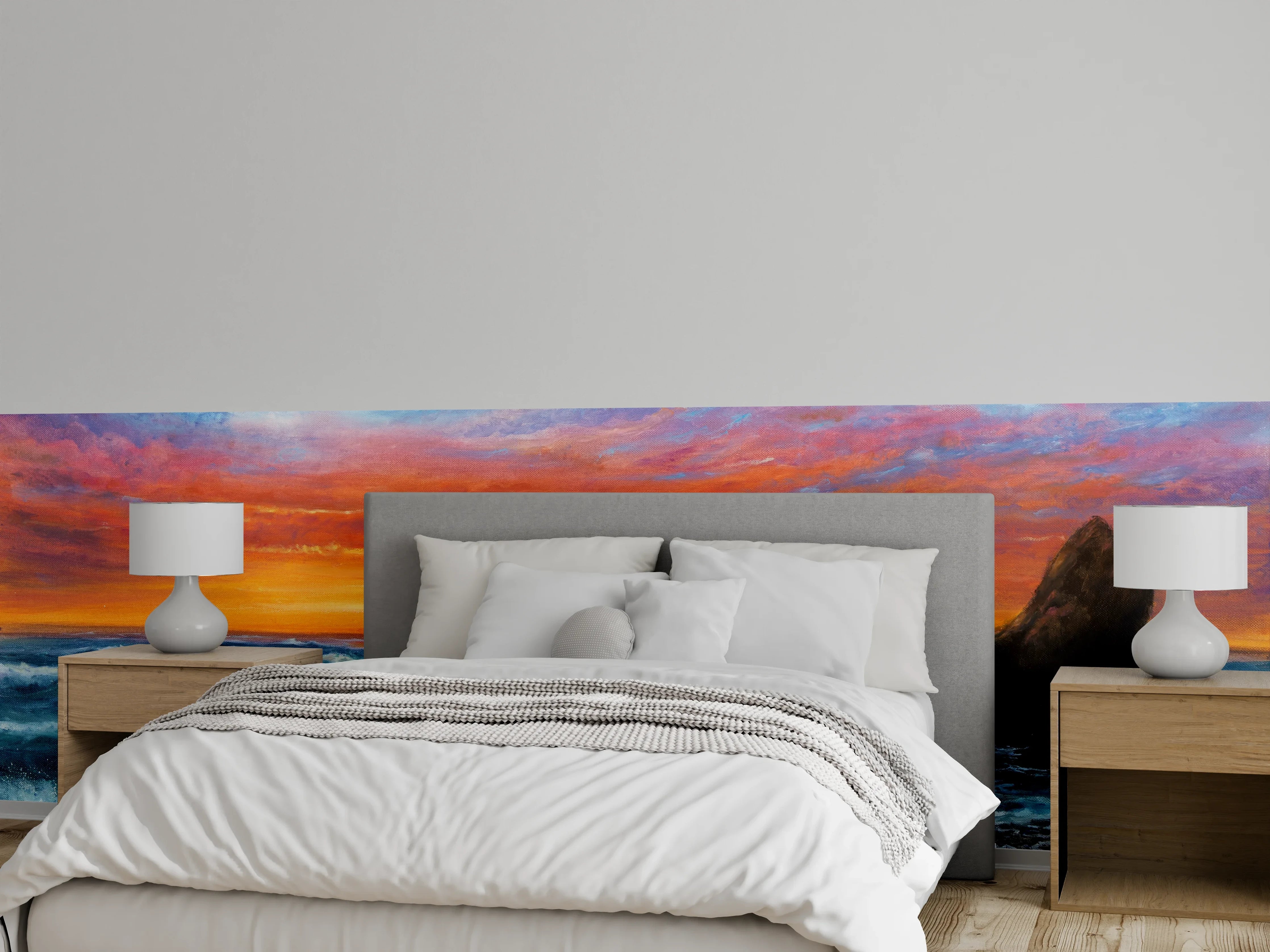 Wandverkleidung Schlafzimmer - Sonnenuntergang am Meer mit Felsen