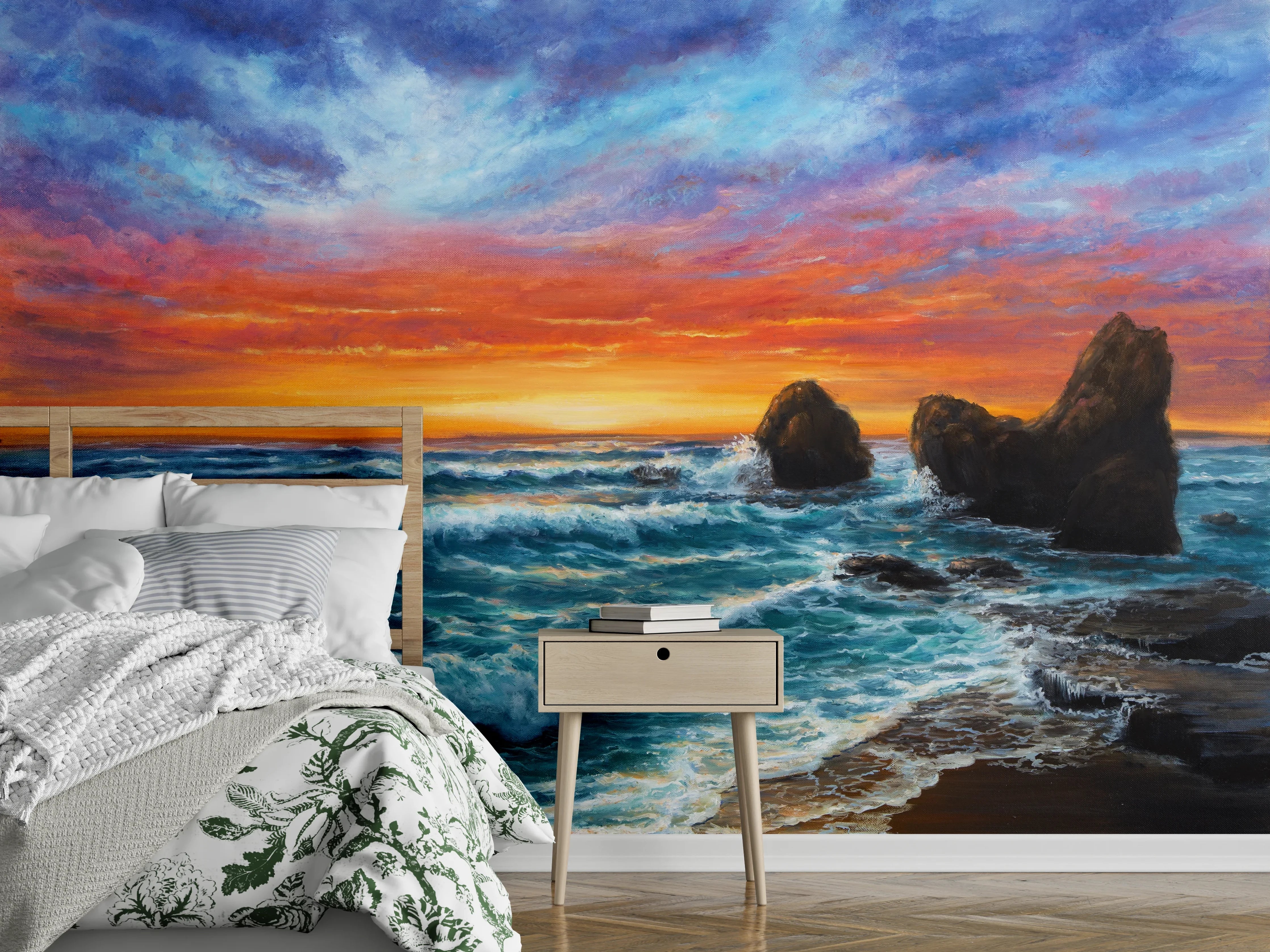 Wandverkleidung Schlafzimmer - Sonnenuntergang am Meer mit Felsen
