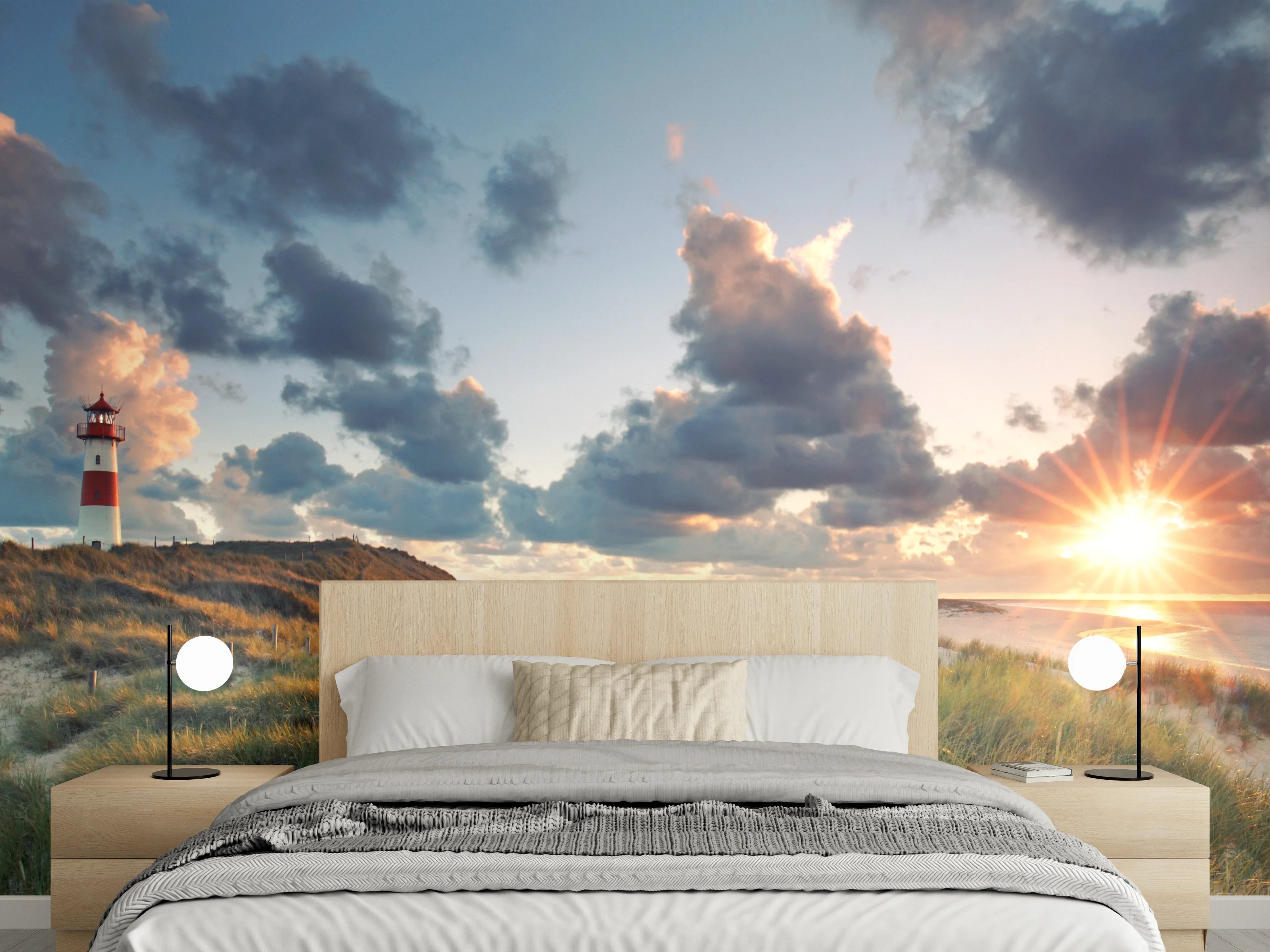 Wandverkleidung Schlafzimmer - Sonnenuntergang am Nordsee Leuchtturm Panorama
