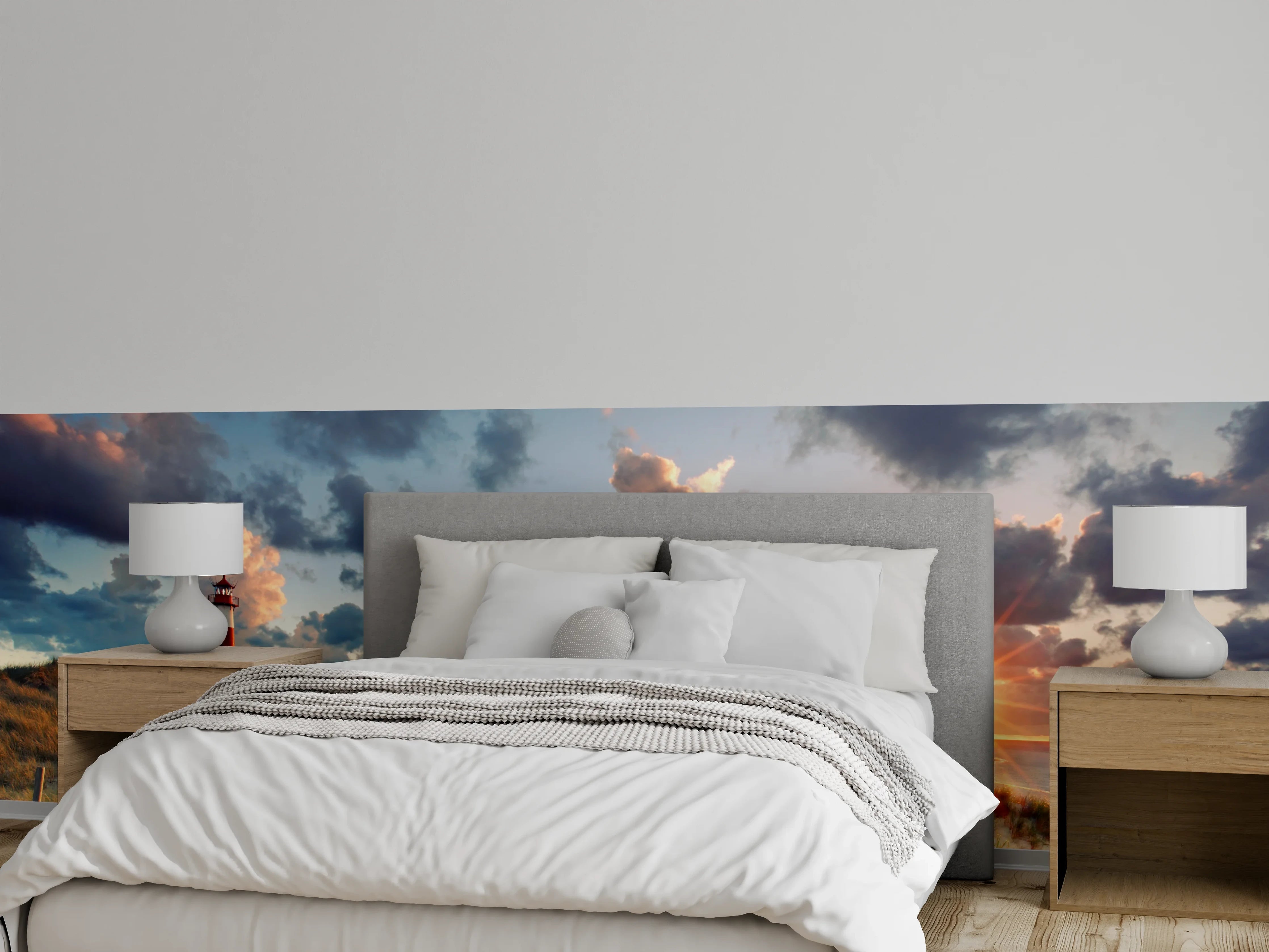 Wandverkleidung Schlafzimmer - Sonnenuntergang am Nordsee Leuchtturm Panorama