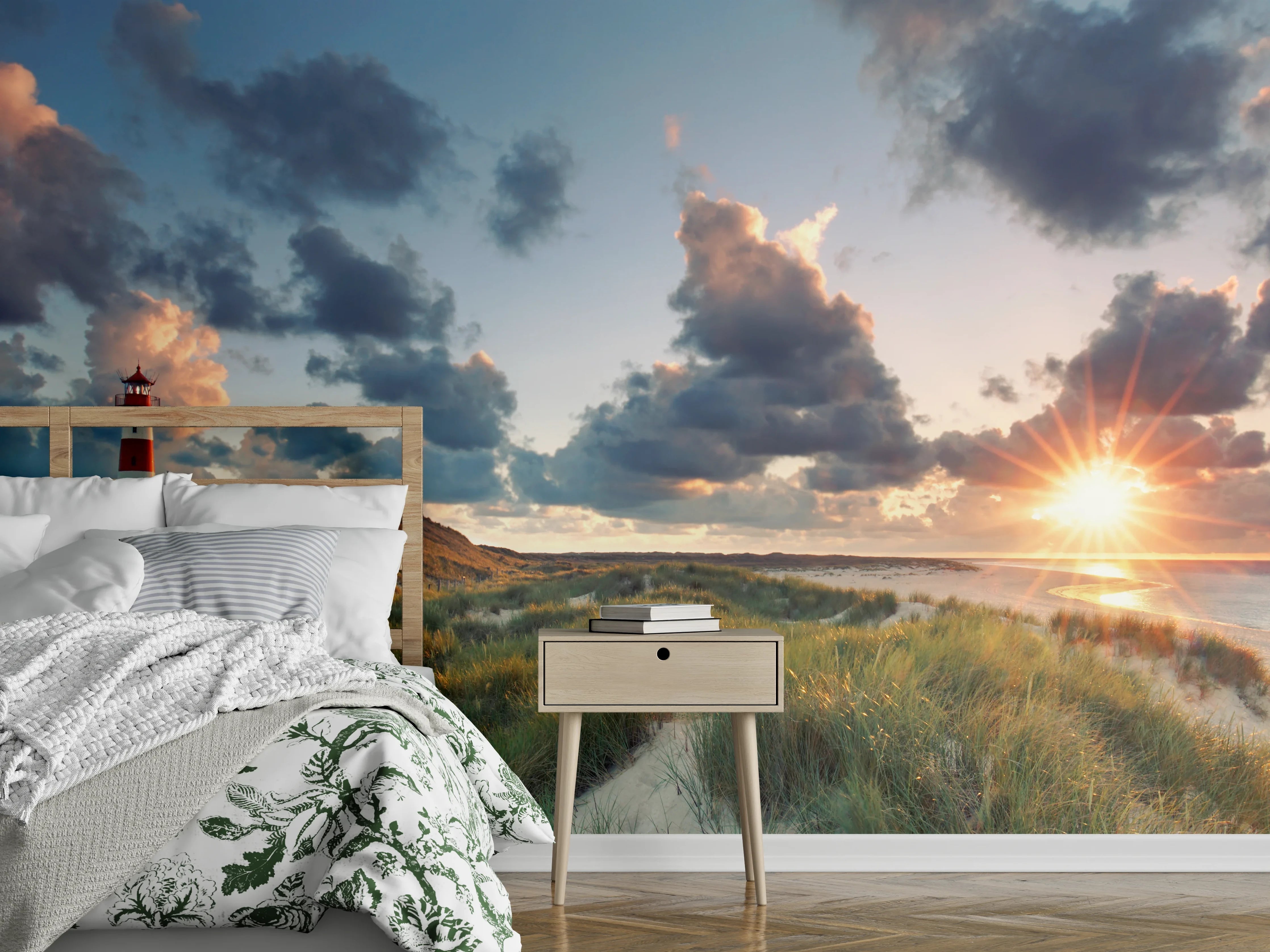 Wandverkleidung Schlafzimmer - Sonnenuntergang am Nordsee Leuchtturm Panorama