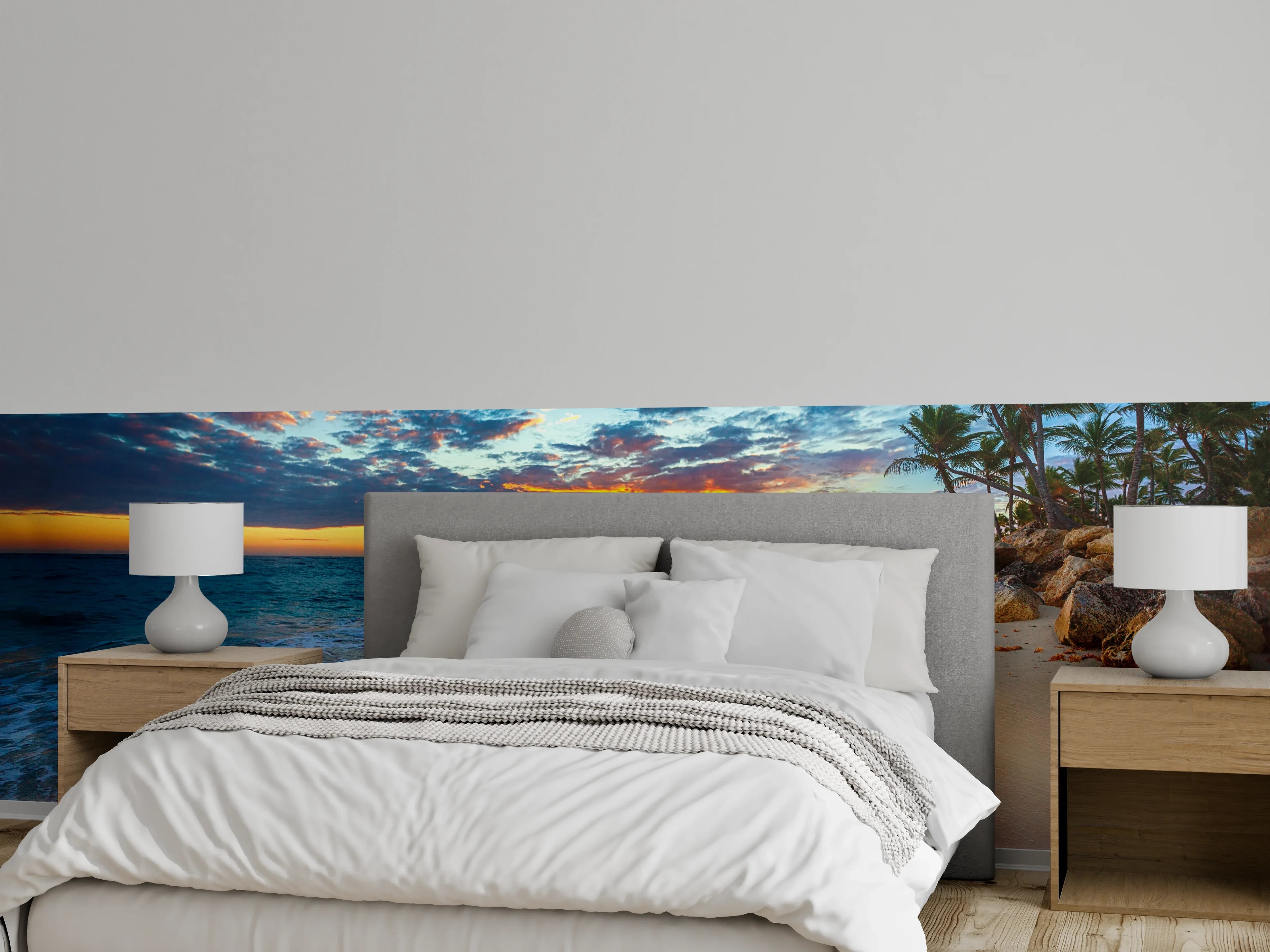 Wandverkleidung Schlafzimmer - Sonnenuntergang am Palmenstrand Fotomotiv