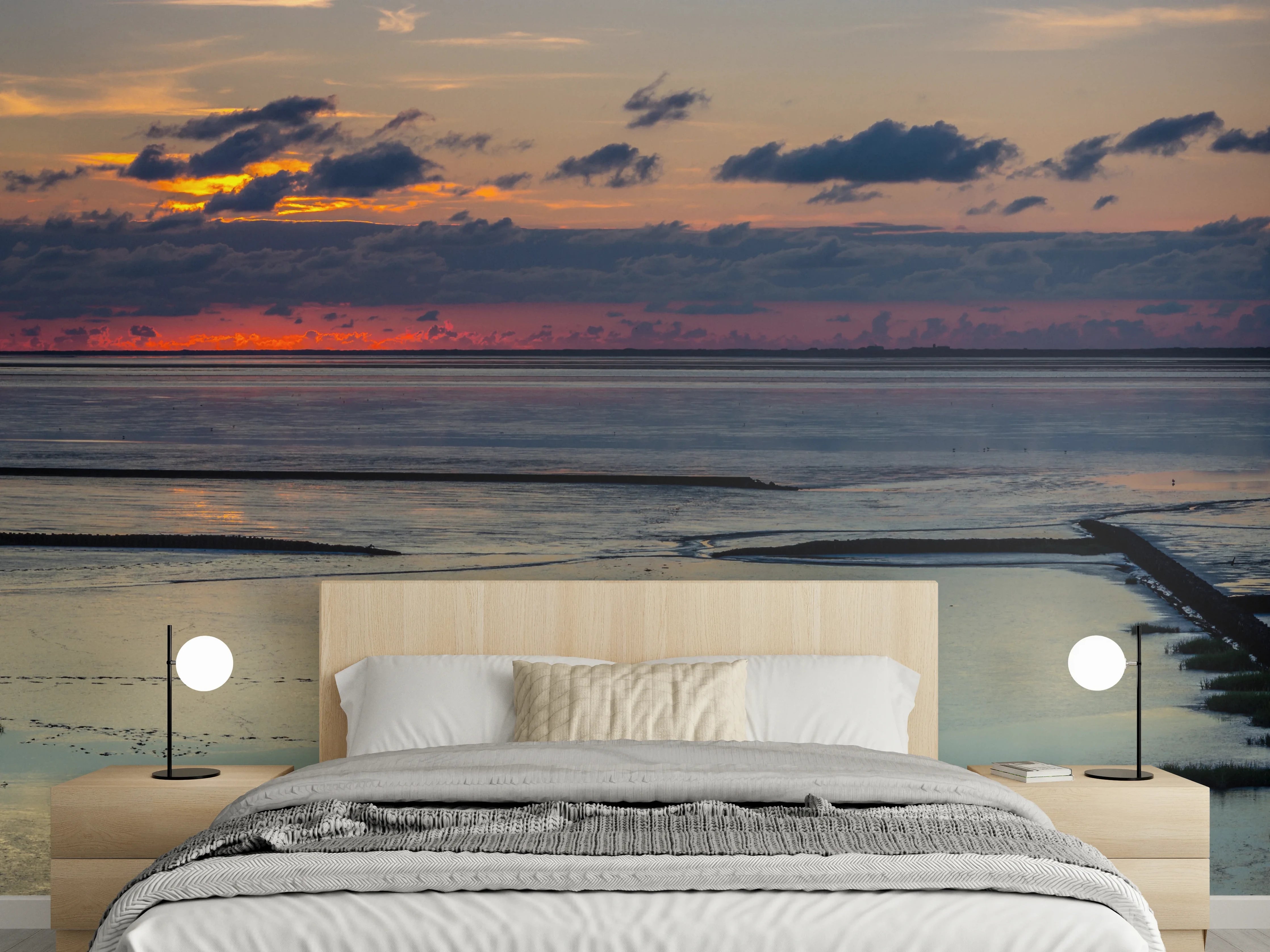 Wandverkleidung Schlafzimmer - Sonnenuntergang am Wattenmeer Panorama