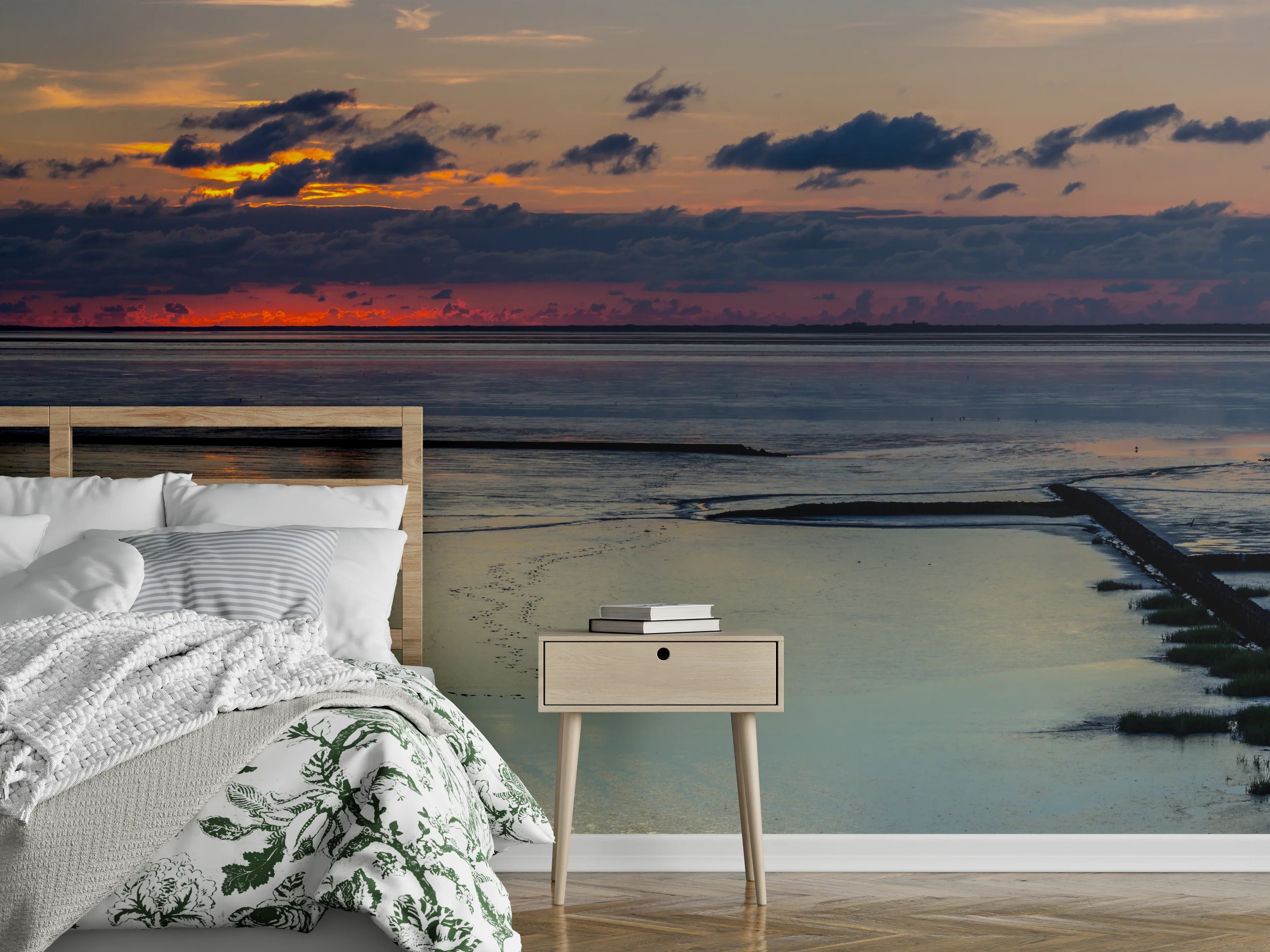 Wandverkleidung Schlafzimmer - Sonnenuntergang am Wattenmeer Panorama