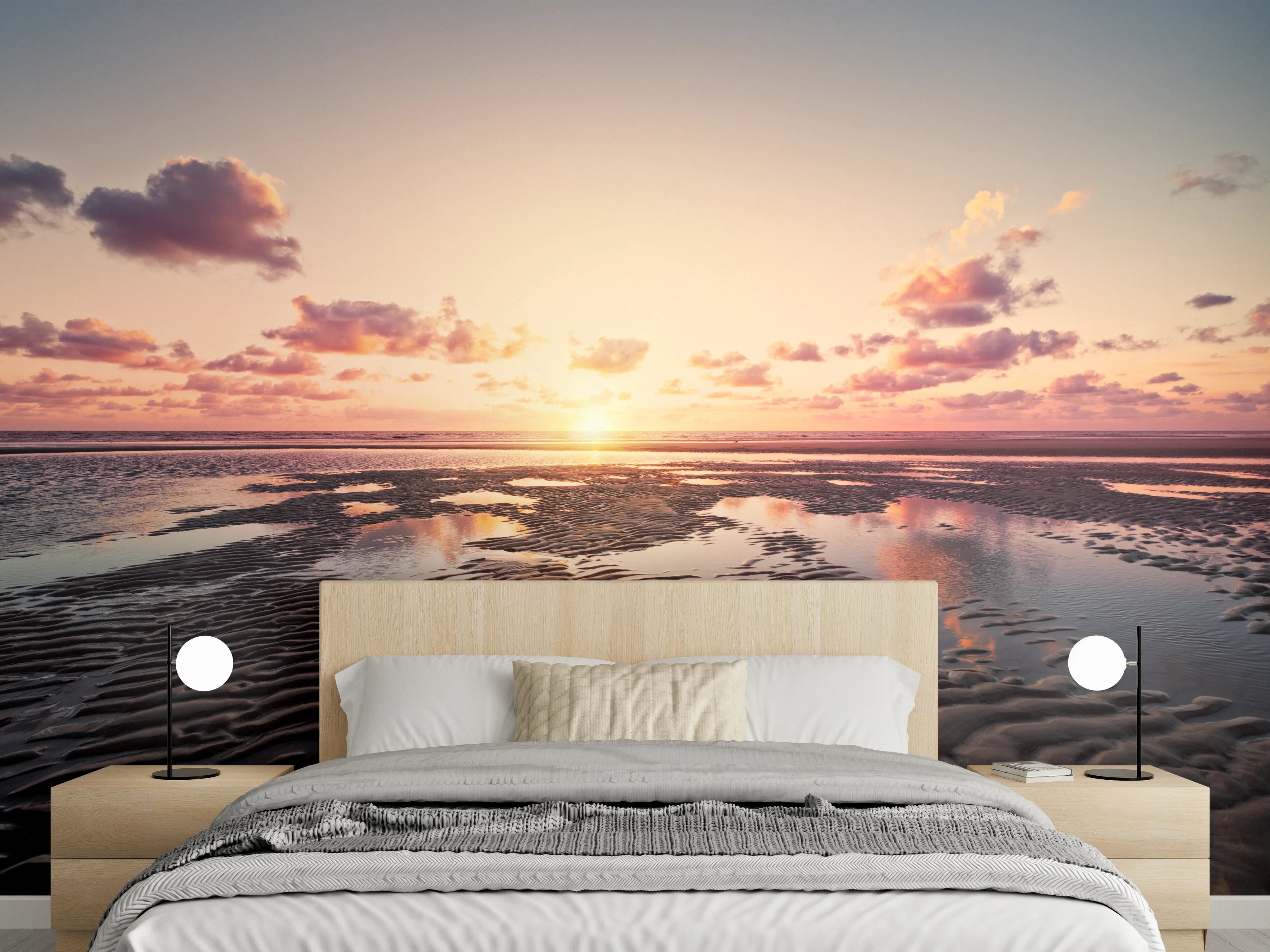 Wandverkleidung Schlafzimmer - Sonnenuntergang am Wattstrand Panorama