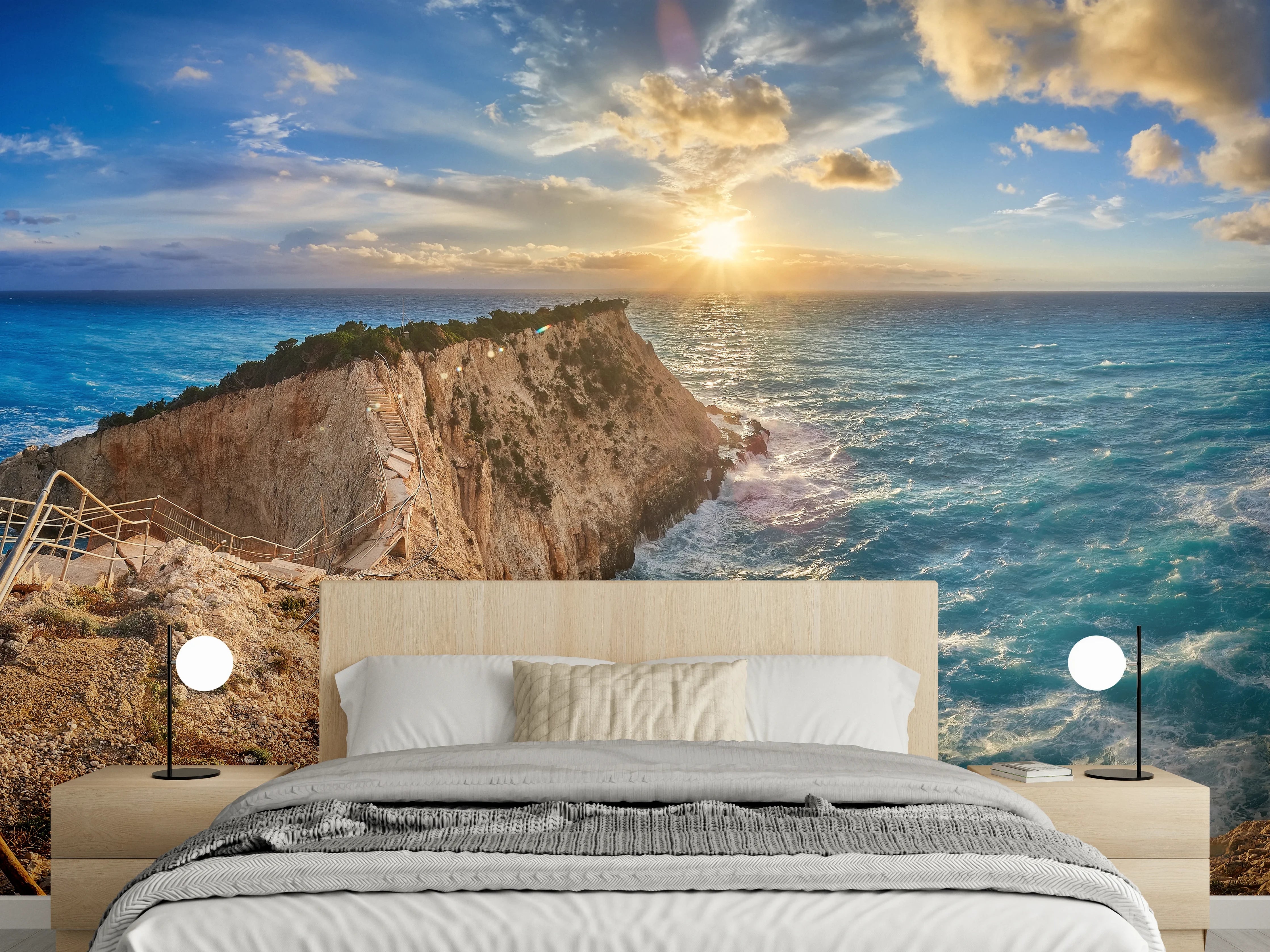Wandverkleidung Schlafzimmer - Sonnenuntergang an türkisblauer Steilküste