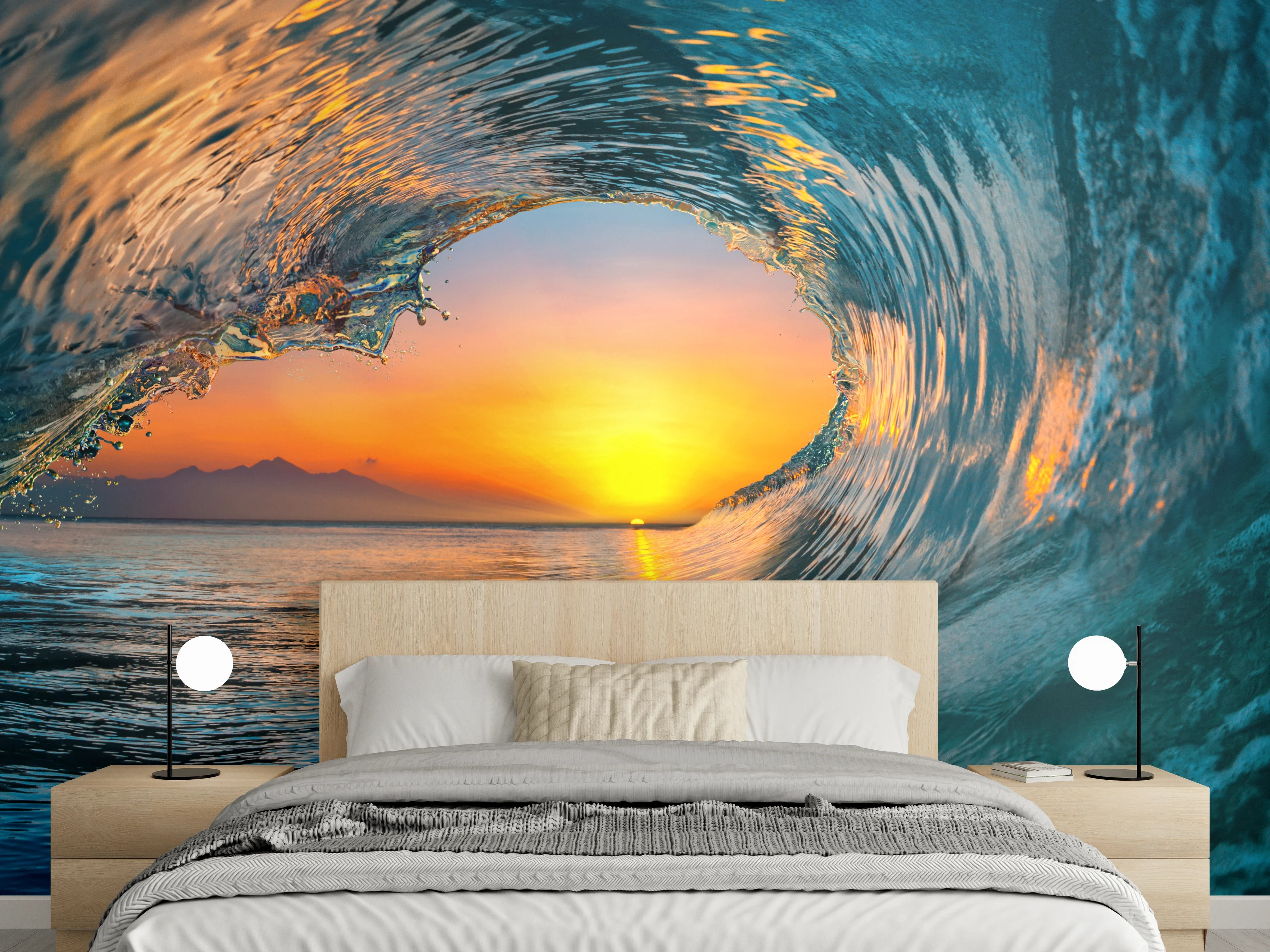 Wandverkleidung Schlafzimmer - Sonnenuntergang in Ozeanwelle Fotomotiv