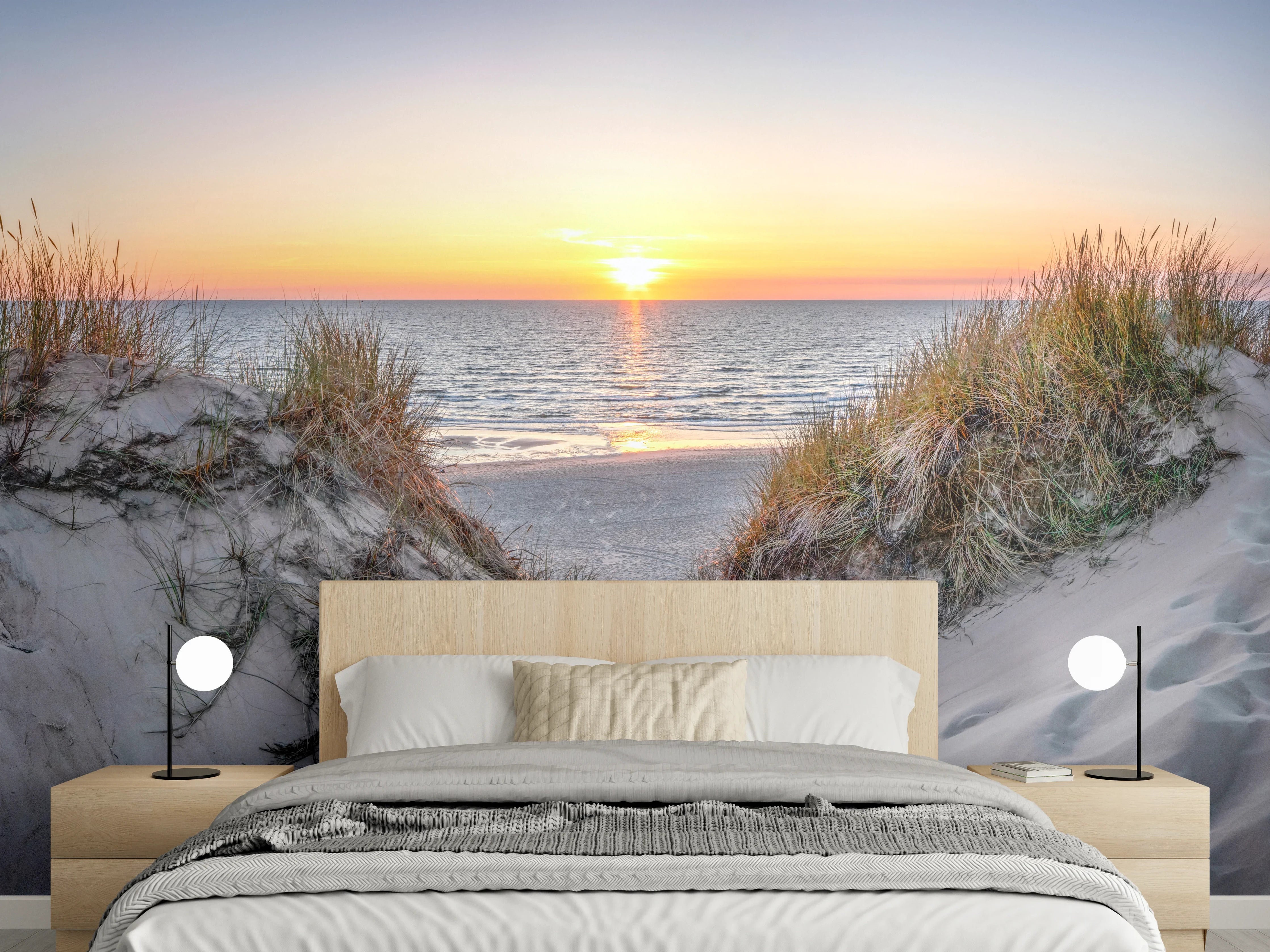 Wandverkleidung Schlafzimmer - Sonnenuntergang über Sanddünen am Meer