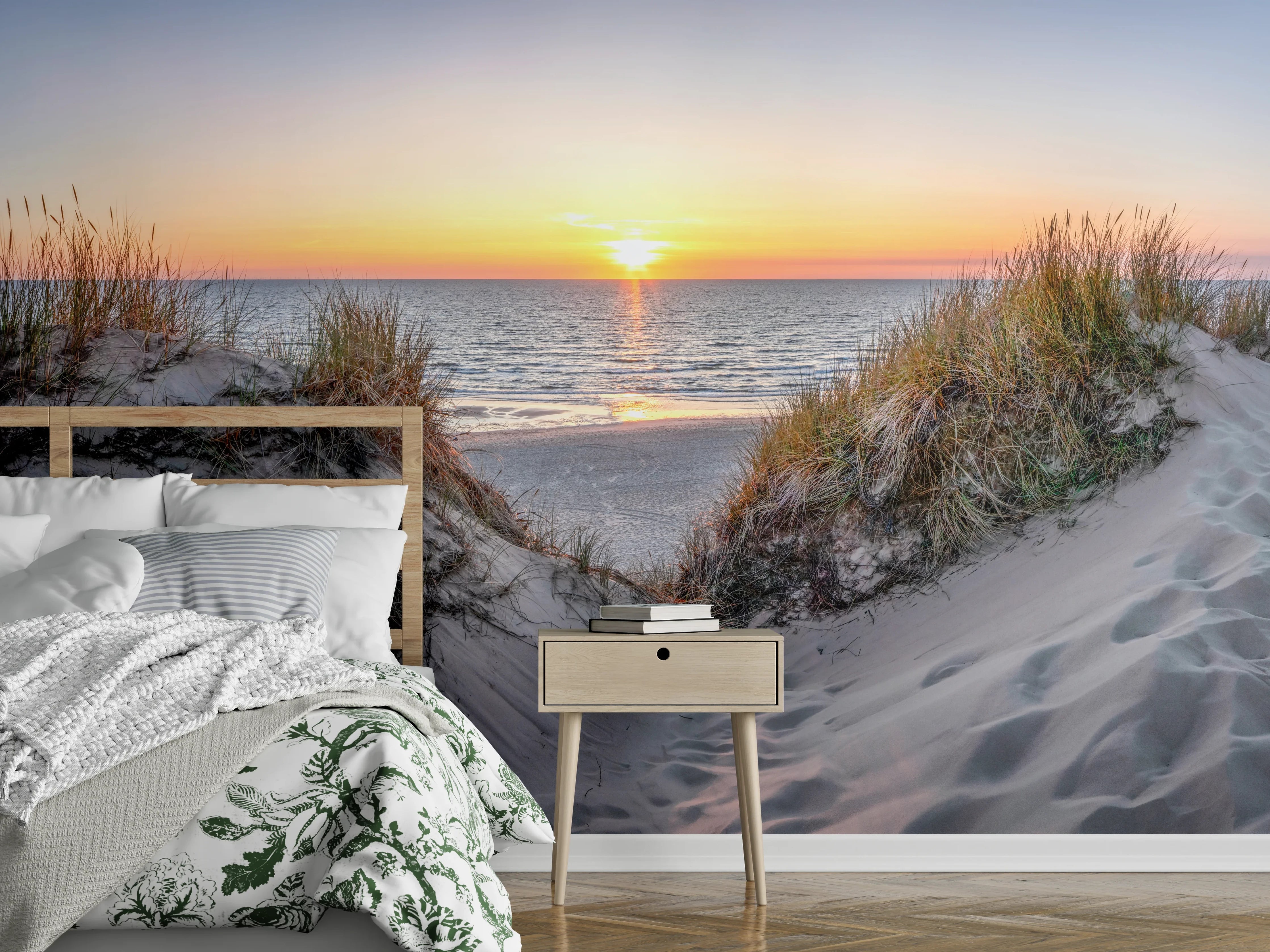 Wandverkleidung Schlafzimmer - Sonnenuntergang über Sanddünen am Meer