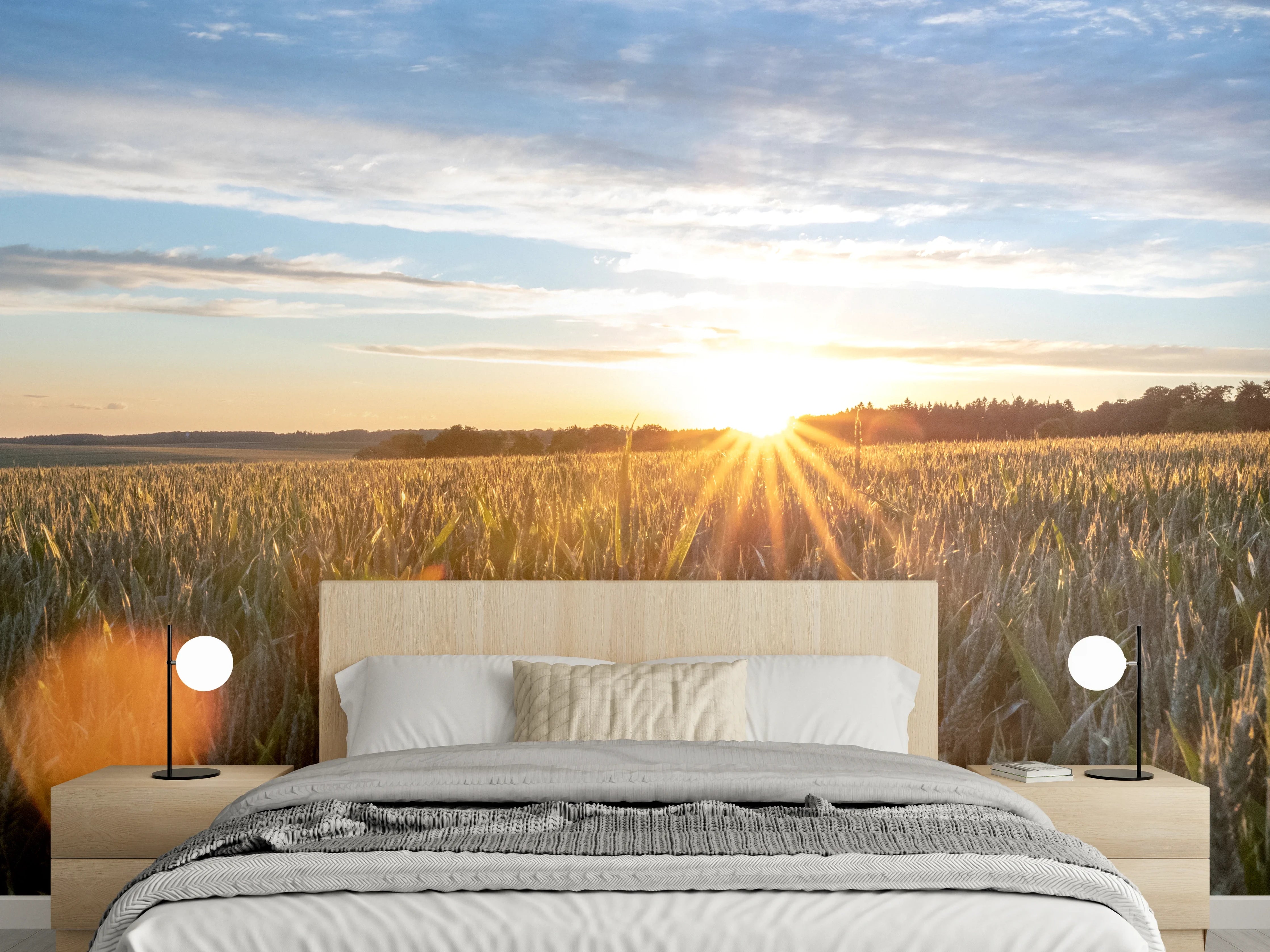 Wandverkleidung Schlafzimmer - Sonnenuntergang über einem Kornfeld