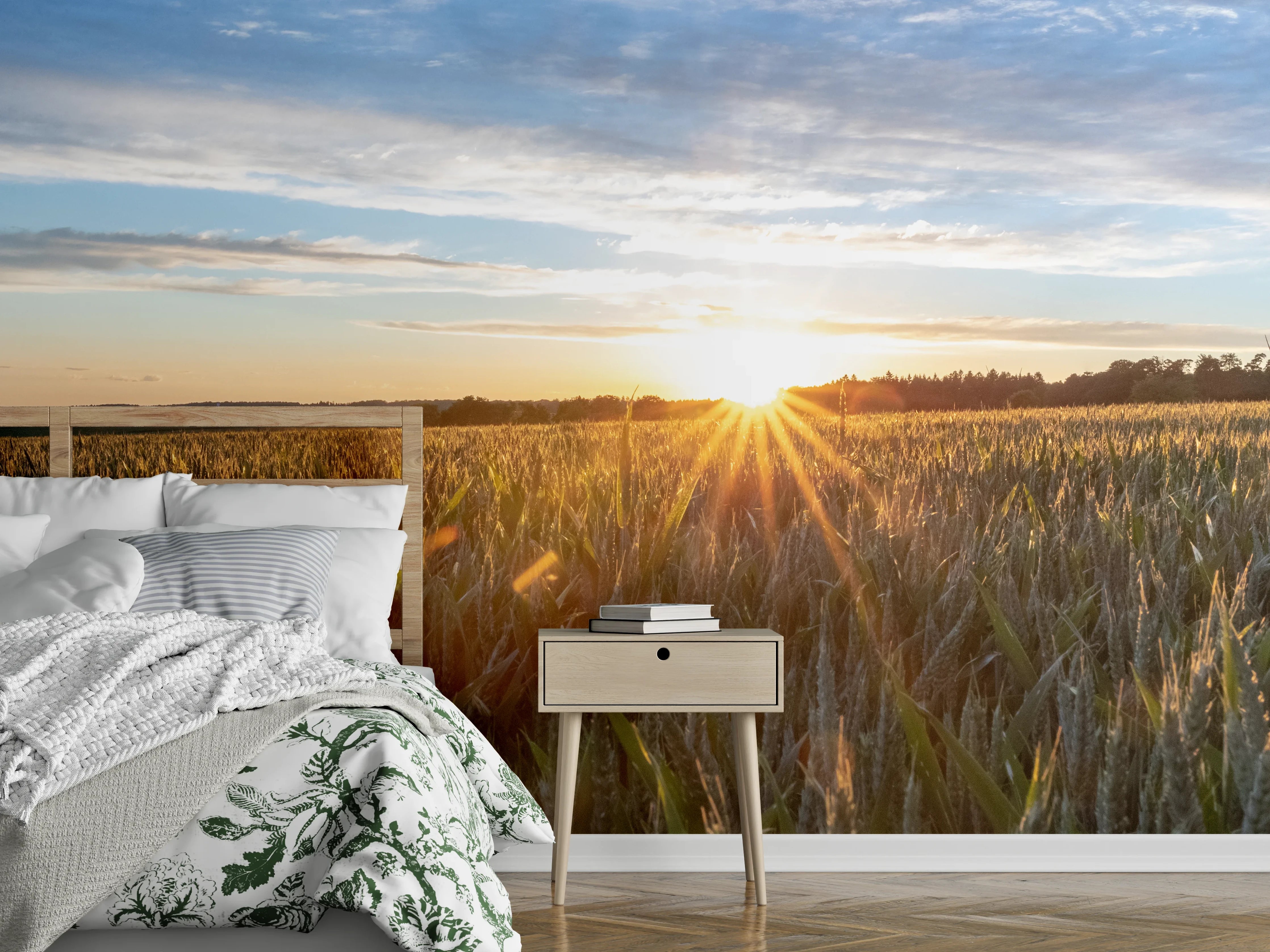 Wandverkleidung Schlafzimmer - Sonnenuntergang über einem Kornfeld