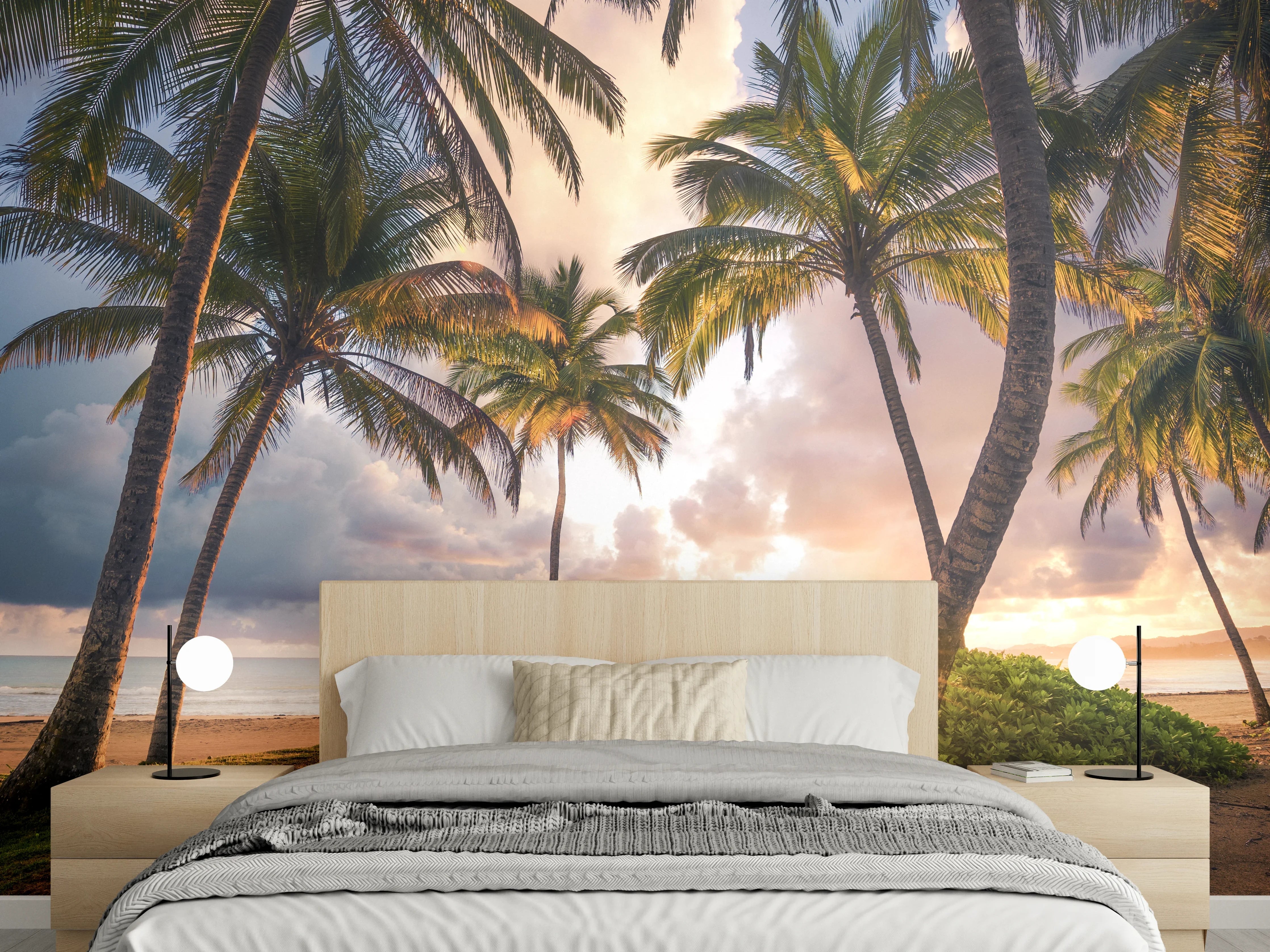 Wandverkleidung Schlafzimmer - Sonnenuntergang unter Palmen am Strand