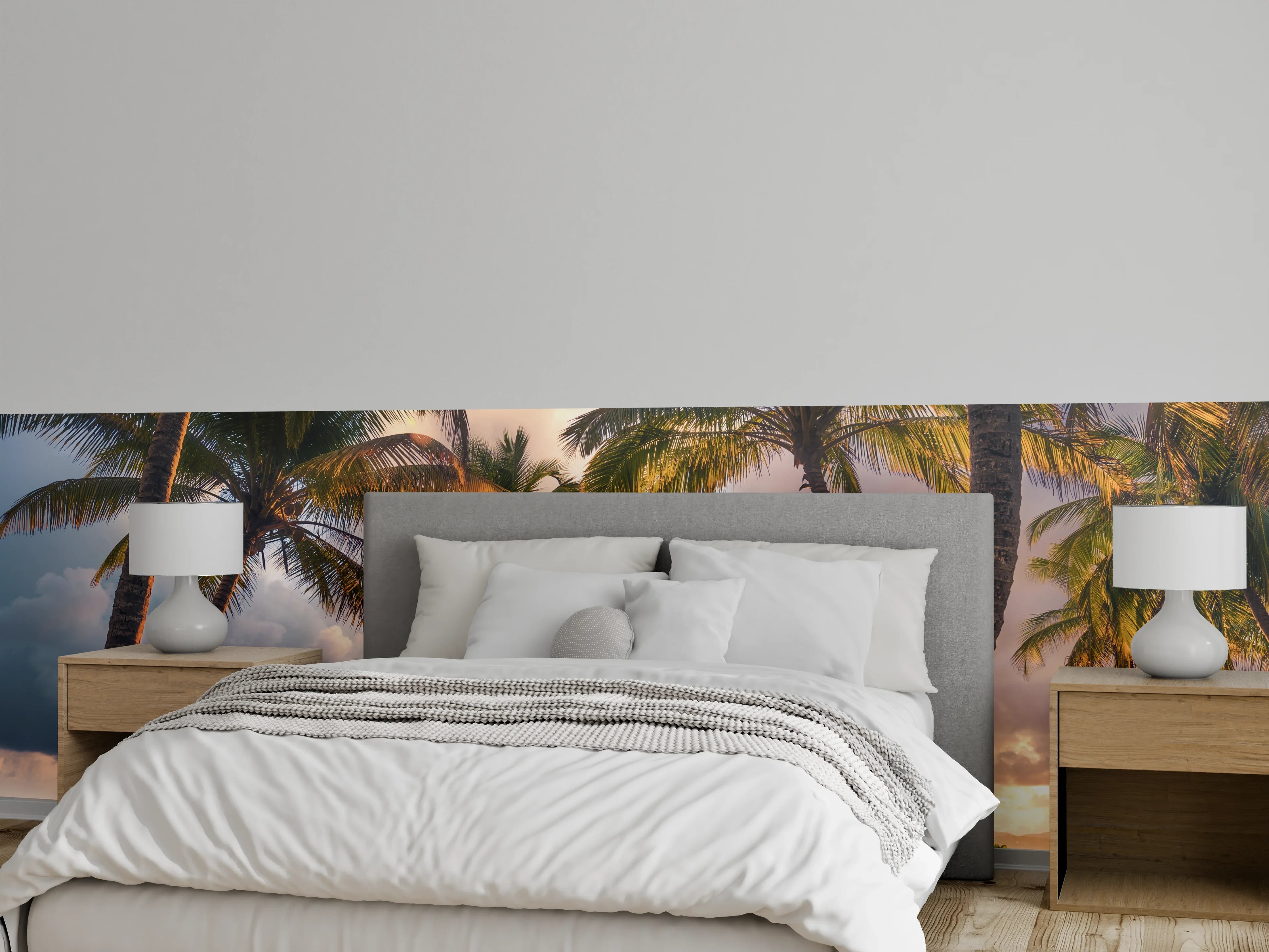 Wandverkleidung Schlafzimmer - Sonnenuntergang unter Palmen am Strand