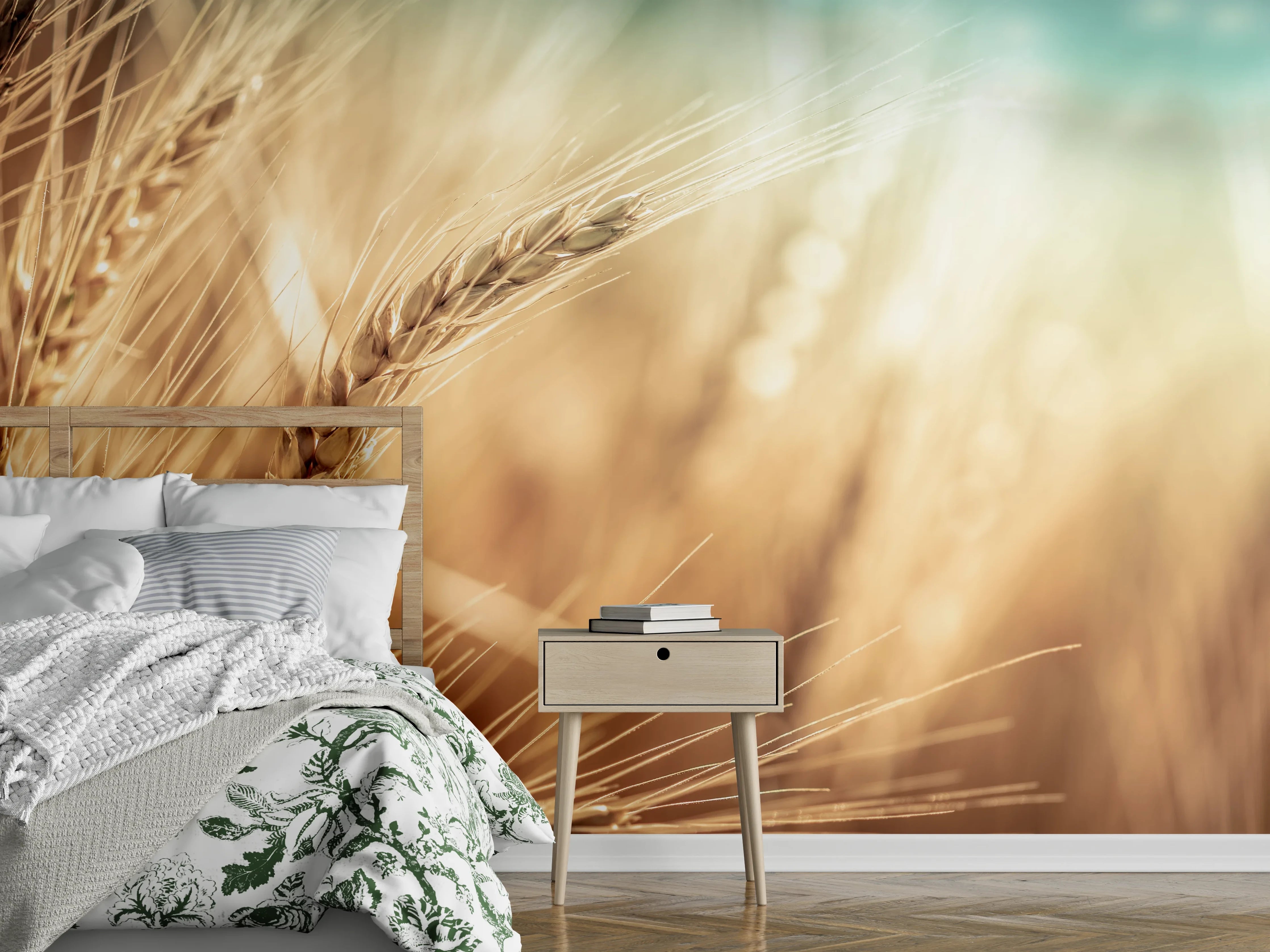 Wandverkleidung Schlafzimmer - Sonnige Weizenähren im Feld Motiv