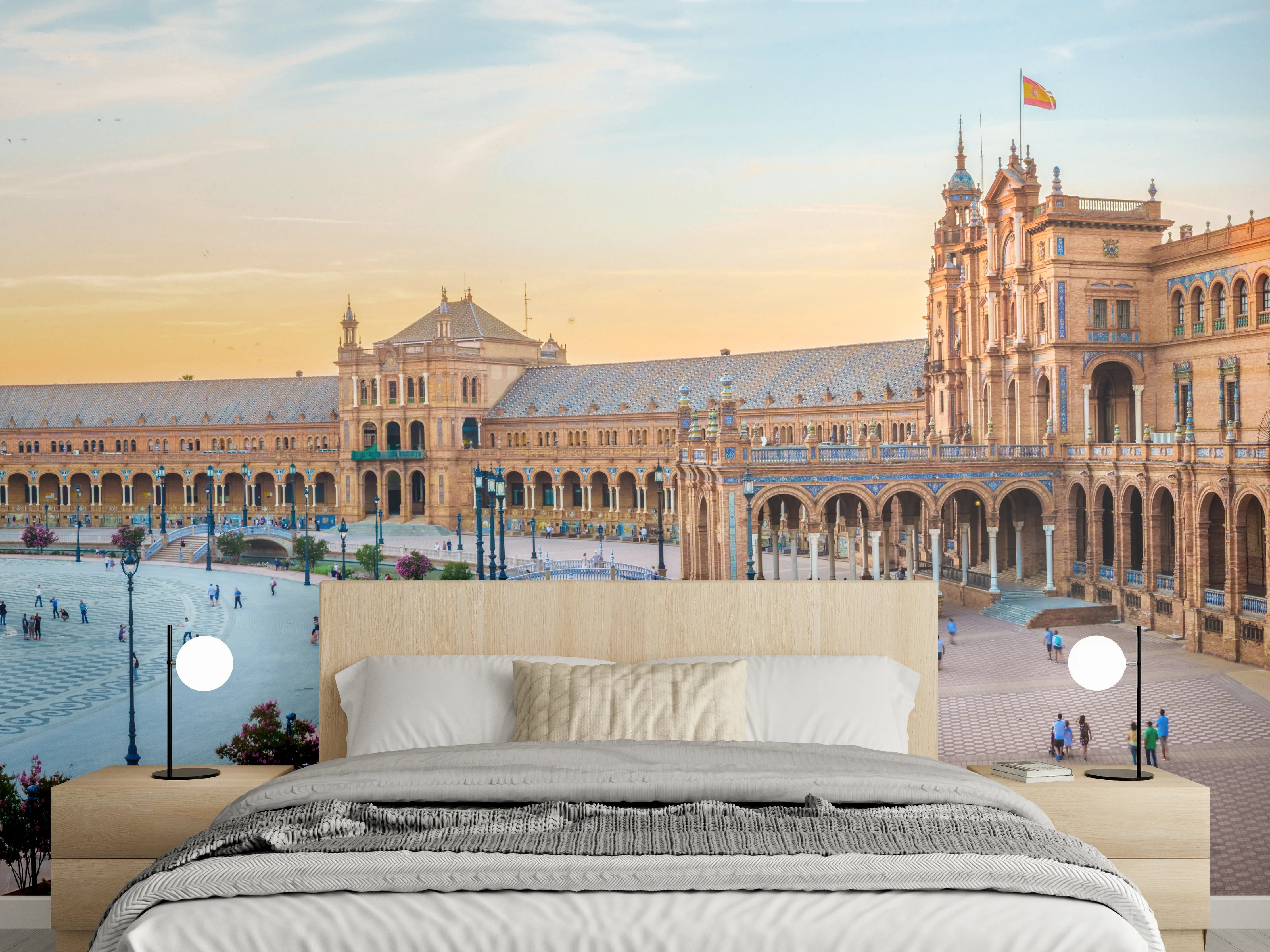 Wandverkleidung Schlafzimmer - Spanisches Platzpanorama bei Sonnenuntergang