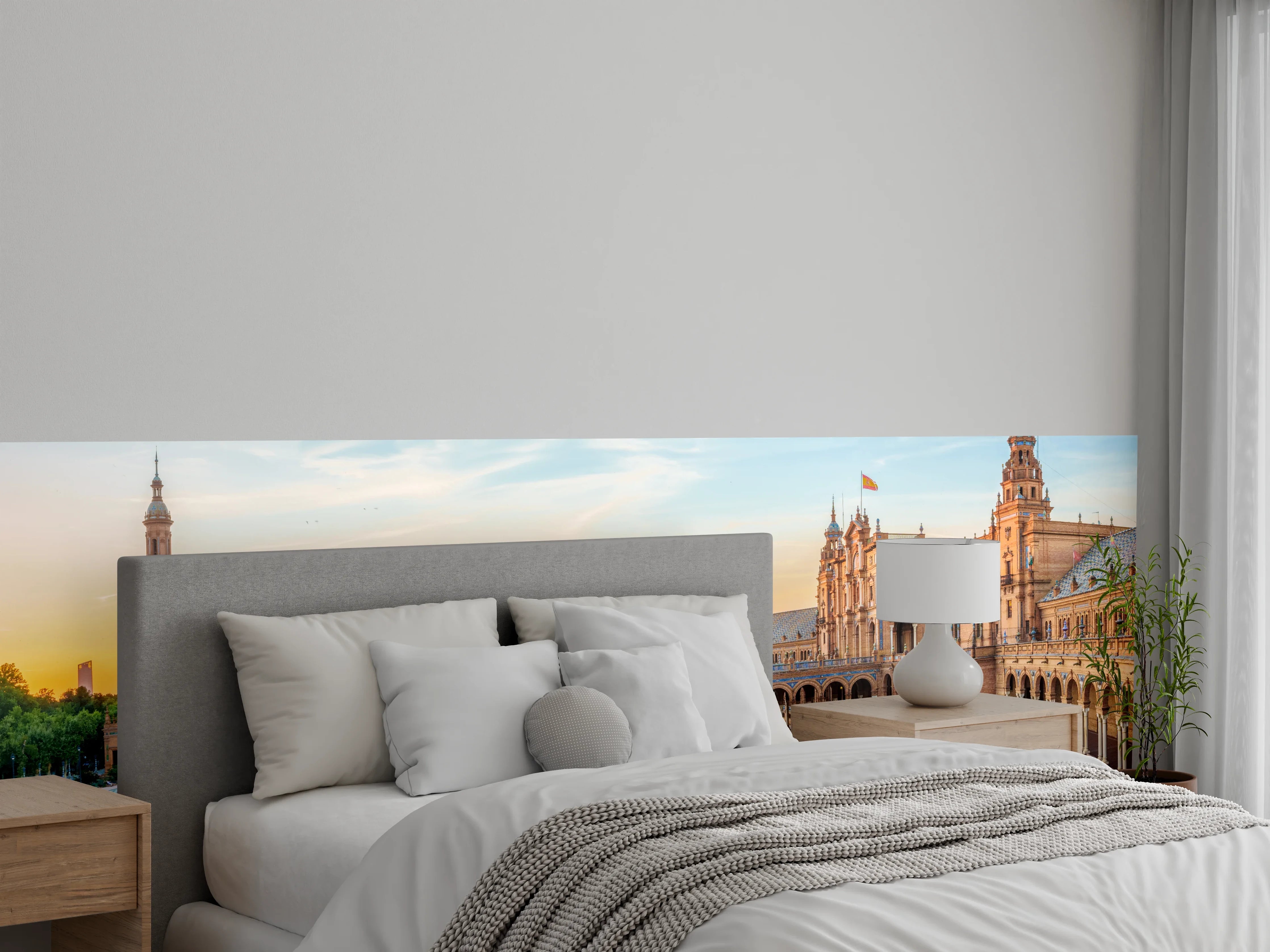 Wandverkleidung Schlafzimmer - Spanisches Platzpanorama bei Sonnenuntergang