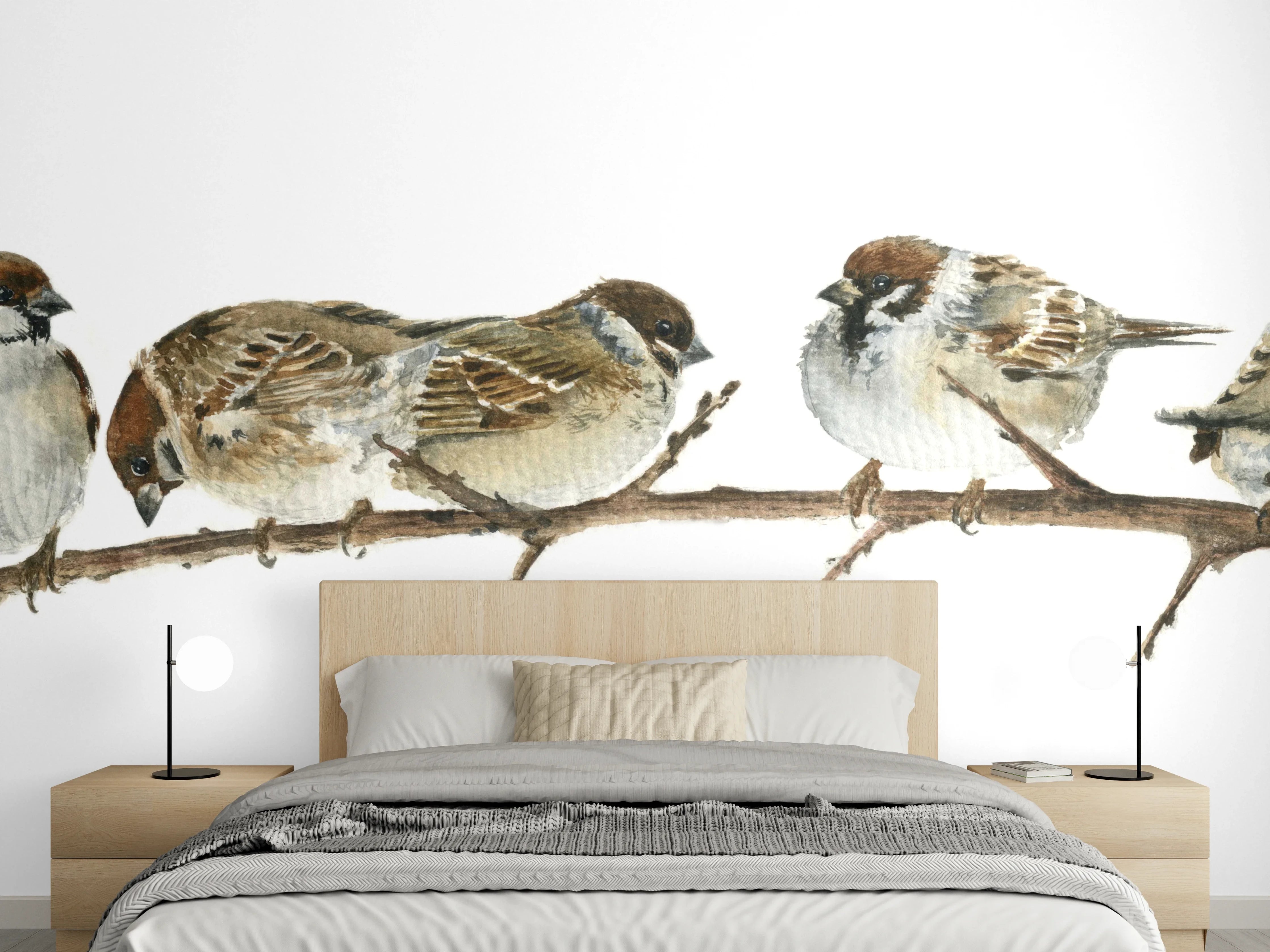 Wandverkleidung Schlafzimmer - Spatzen auf einem Zweig