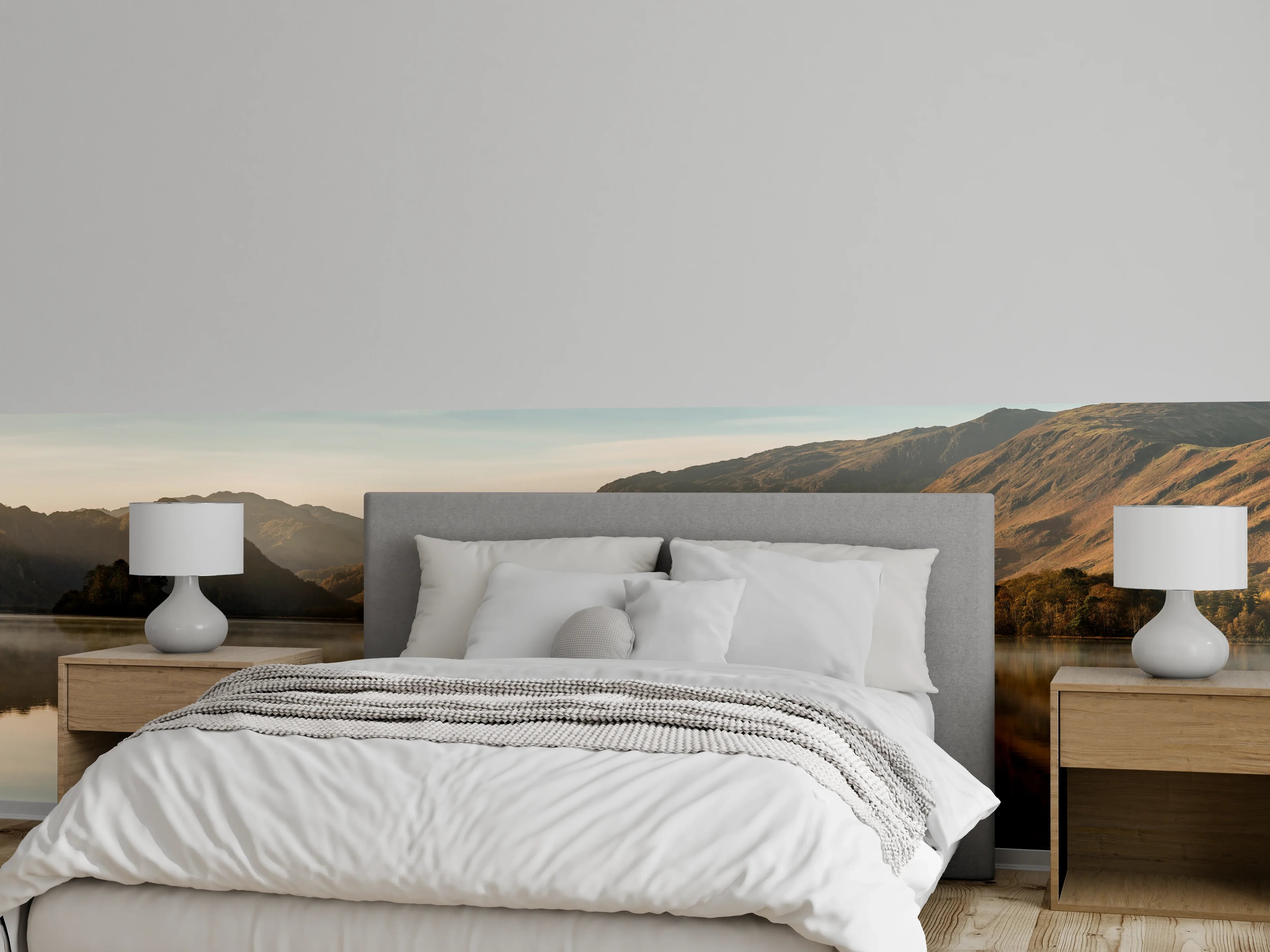 Wandverkleidung Schlafzimmer - Spiegelnde Sonnenaufgangs-Landschaft am See