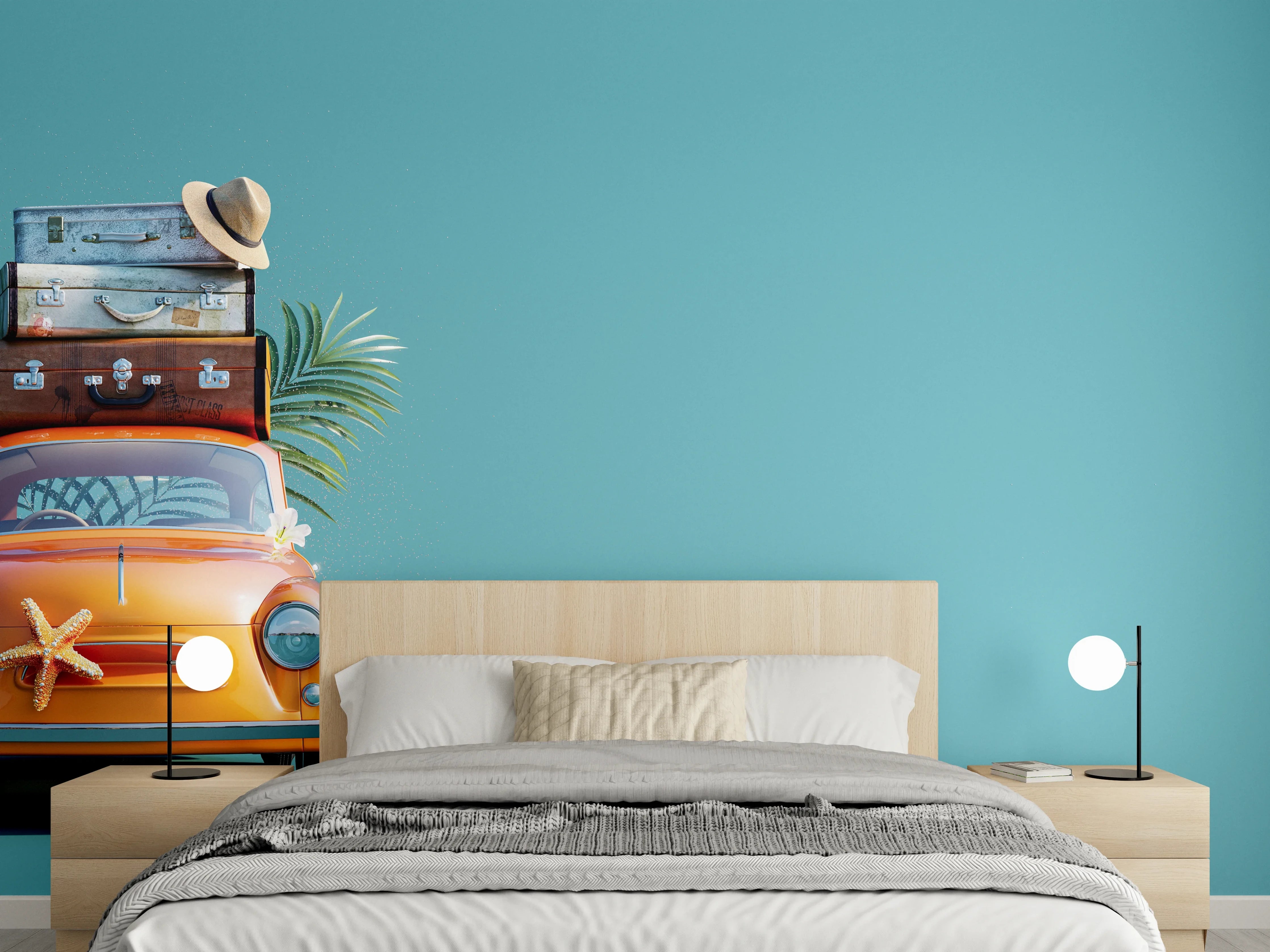 Wandverkleidung Schlafzimmer - Spielzeugauto mit Reisegepäck - blauer Hintergrund