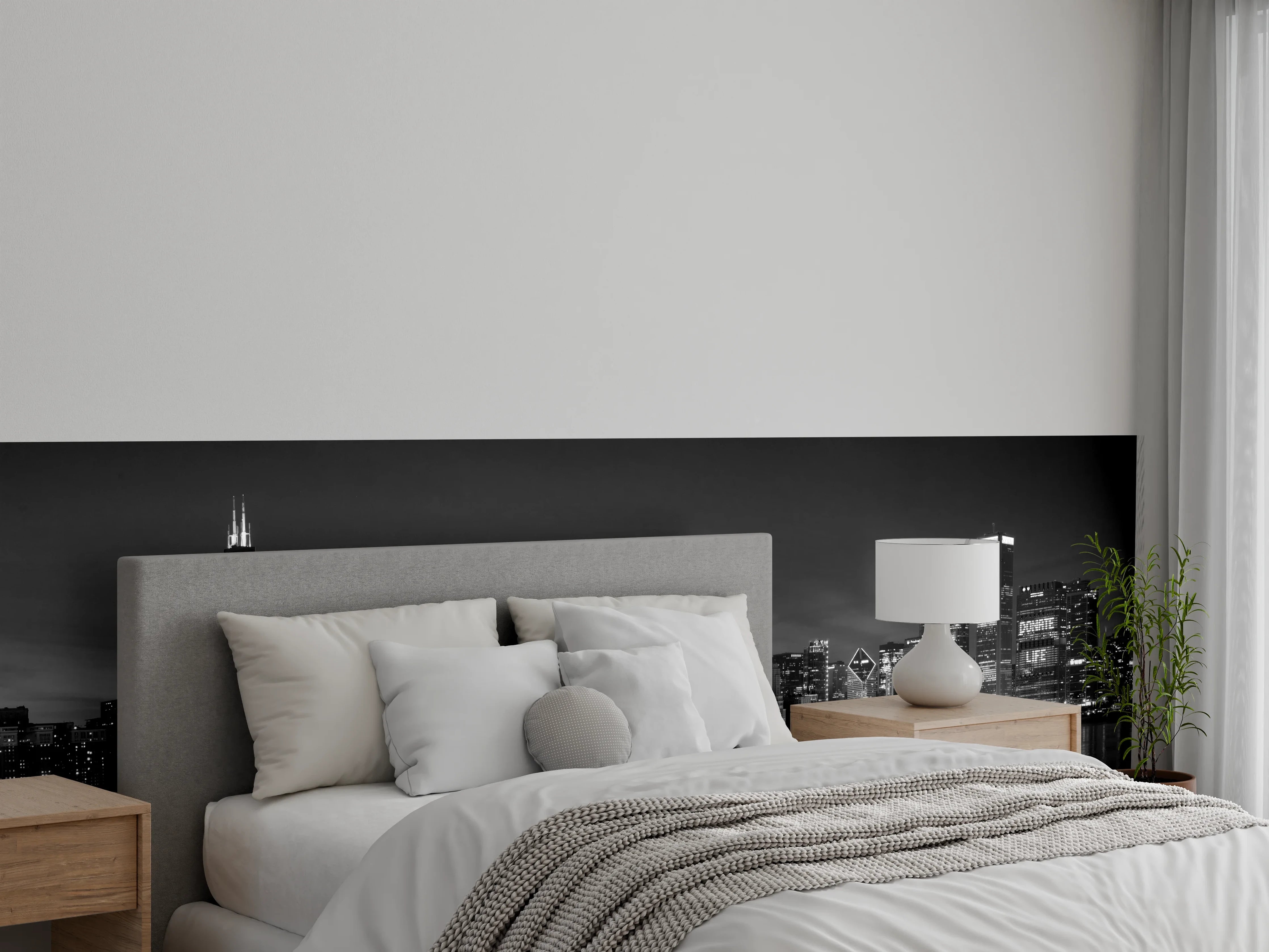 Wandverkleidung Schlafzimmer - Stadt Skyline Schwarz-Weiß Nachtmotiv