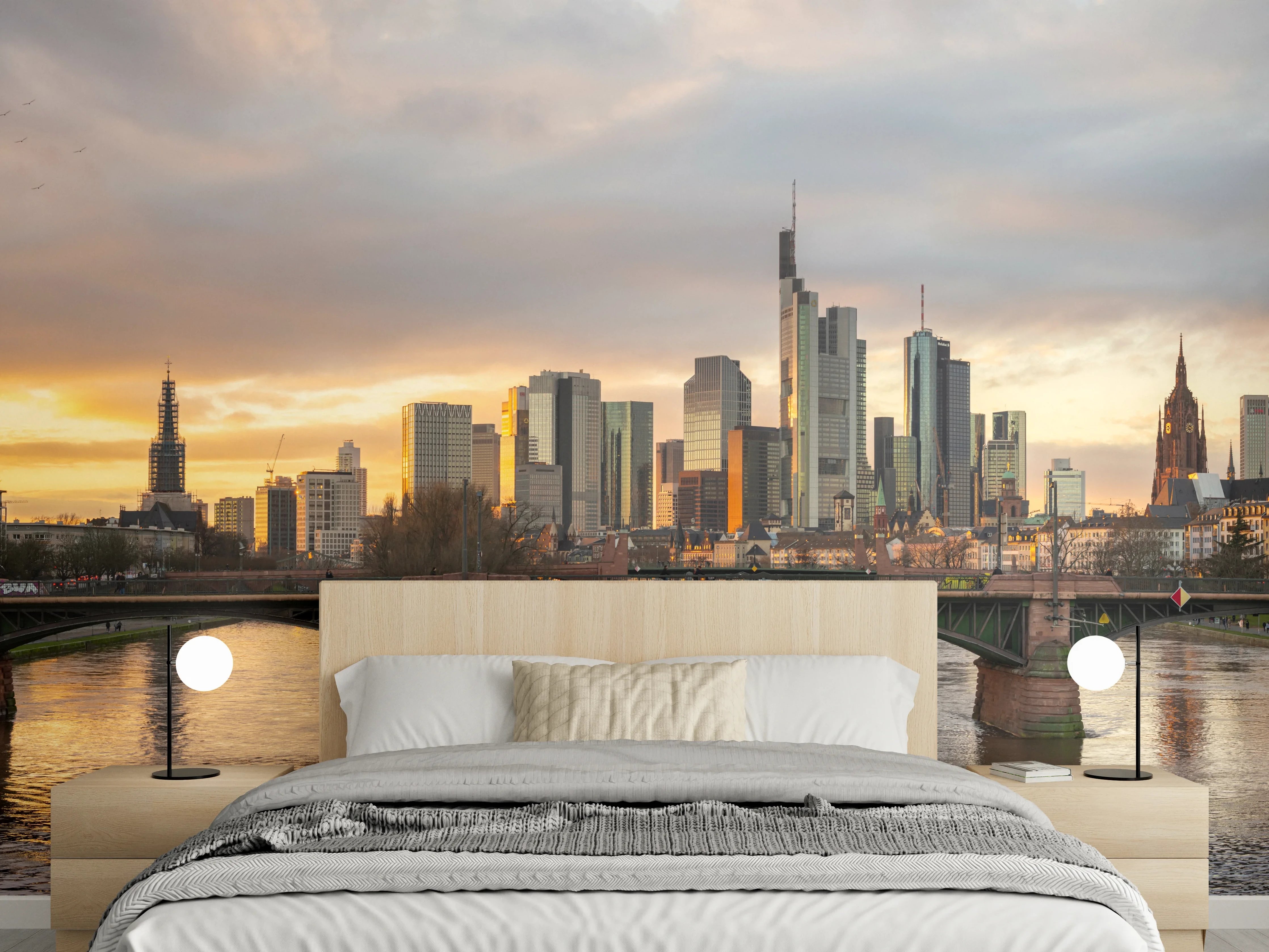 Wandverkleidung Schlafzimmer - Stadt-Skyline im Abendlicht