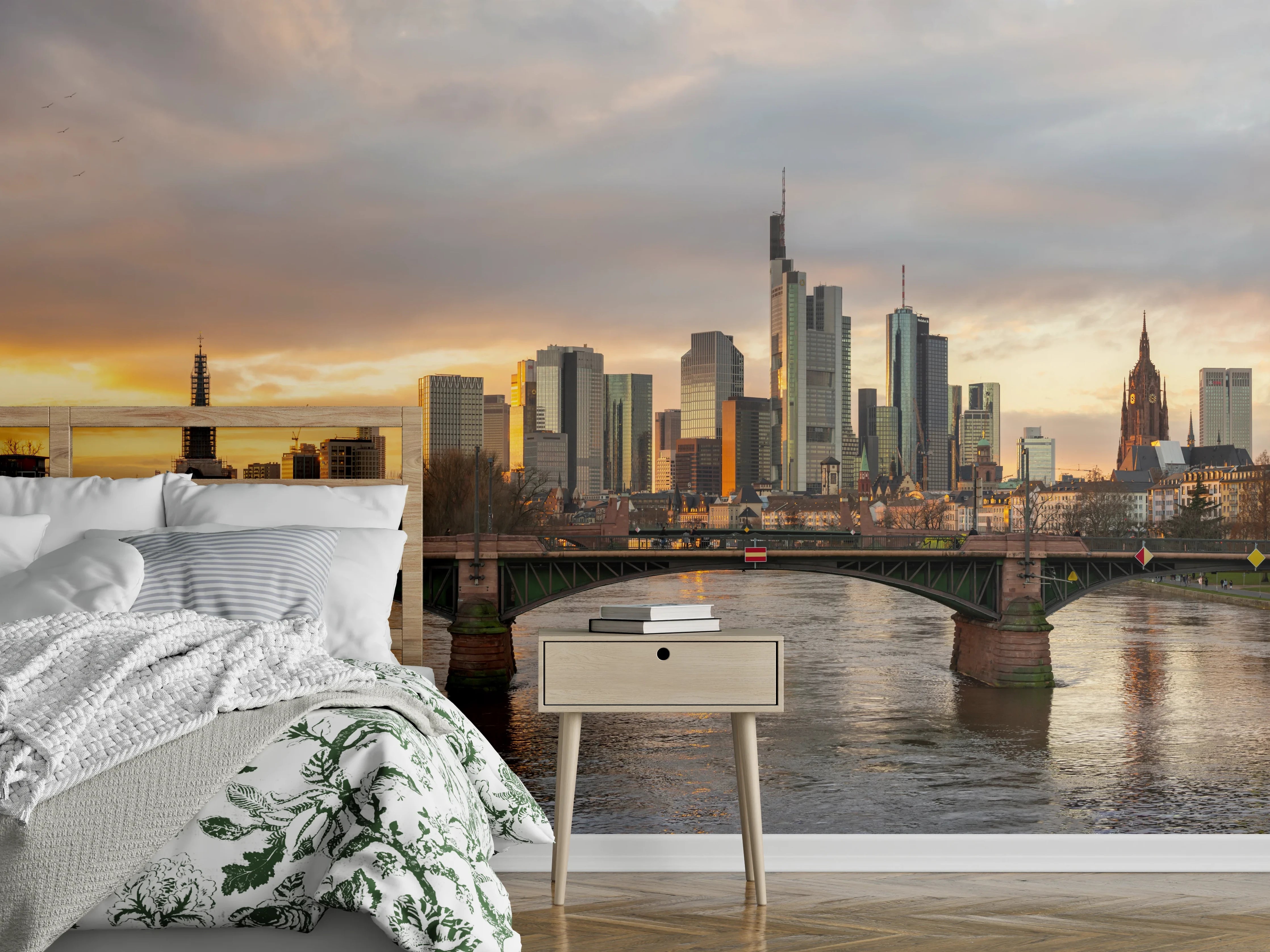 Wandverkleidung Schlafzimmer - Stadt-Skyline im Abendlicht