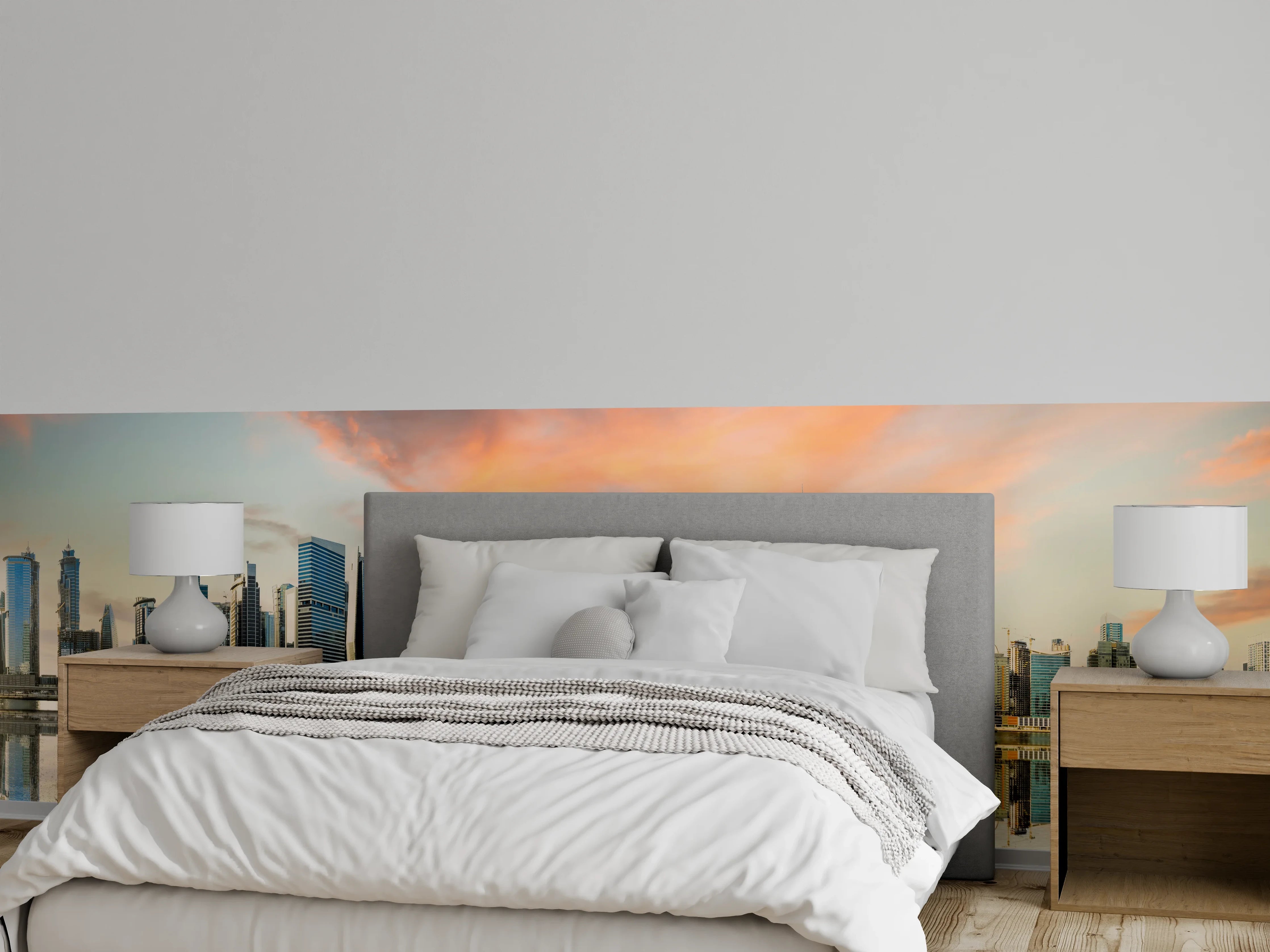 Wandverkleidung Schlafzimmer - Stadt-Skyline im Abendrot