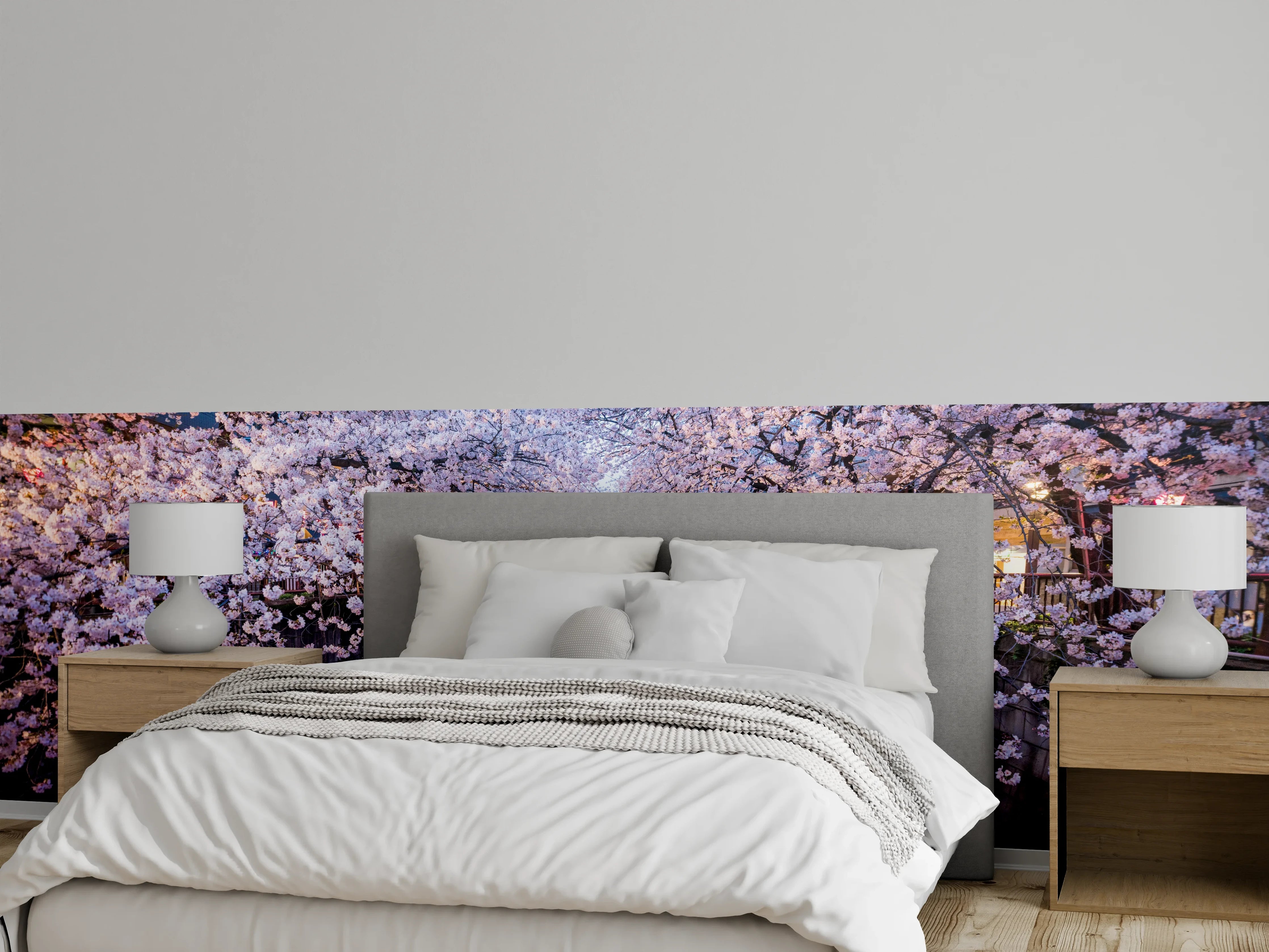Wandverkleidung Schlafzimmer - Stadtfluss mit Kirschblütenbäumen
