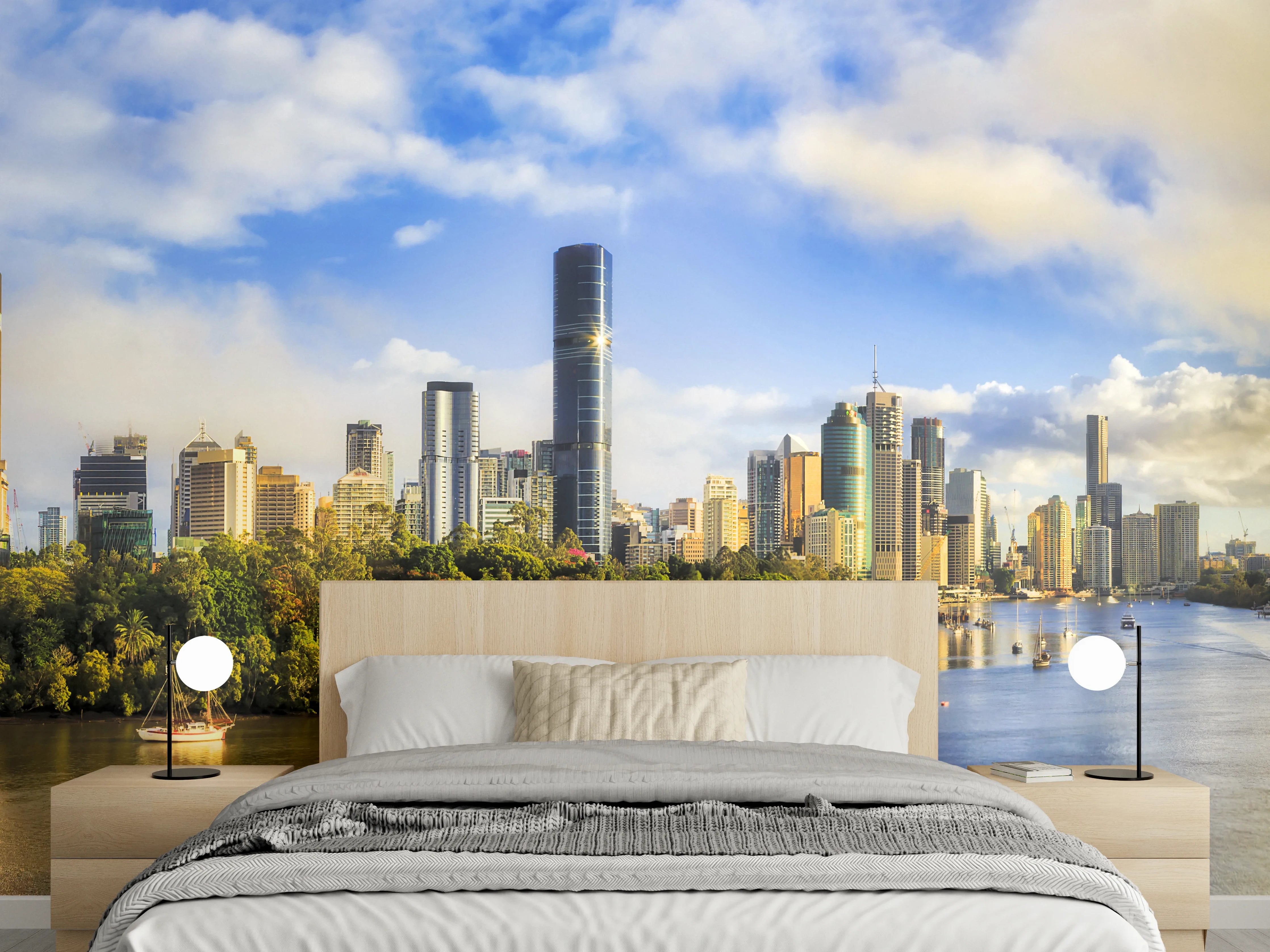 Wandverkleidung Schlafzimmer - Stadtpanorama mit Fluss und Skyline