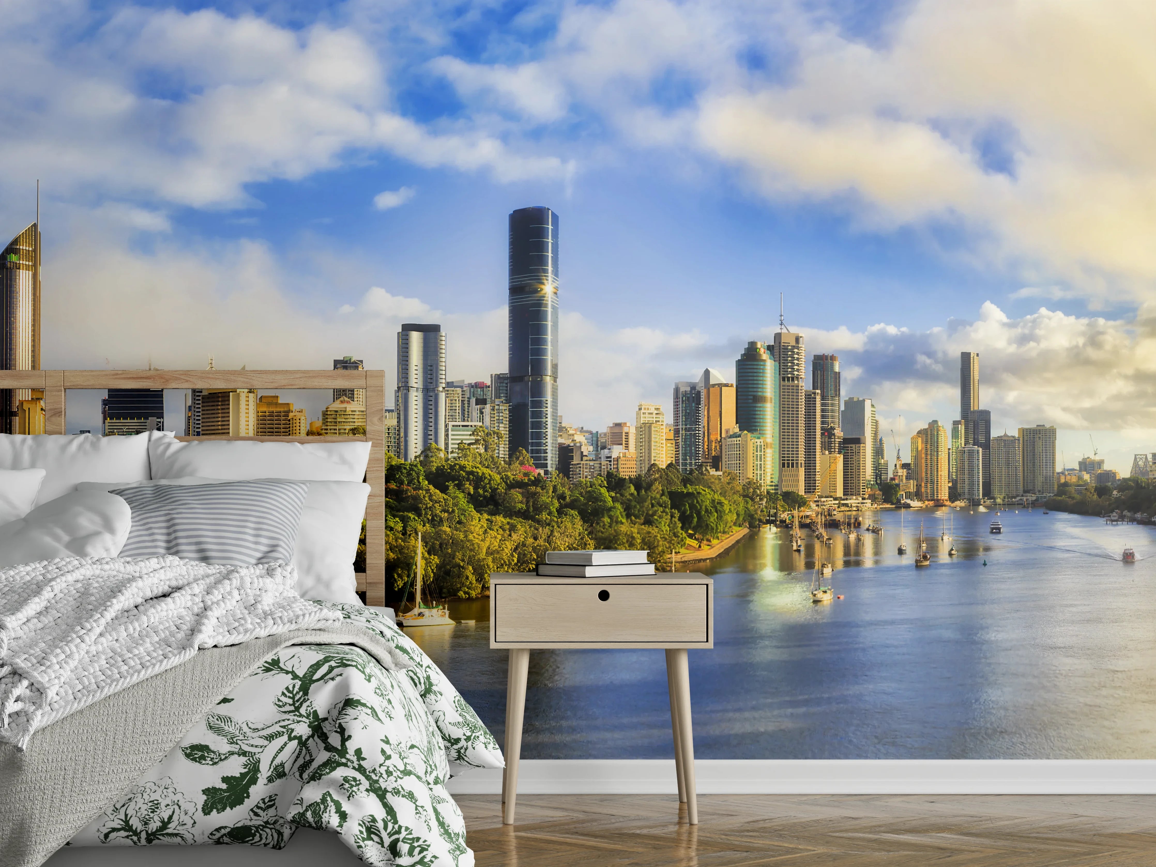Wandverkleidung Schlafzimmer - Stadtpanorama mit Fluss und Skyline