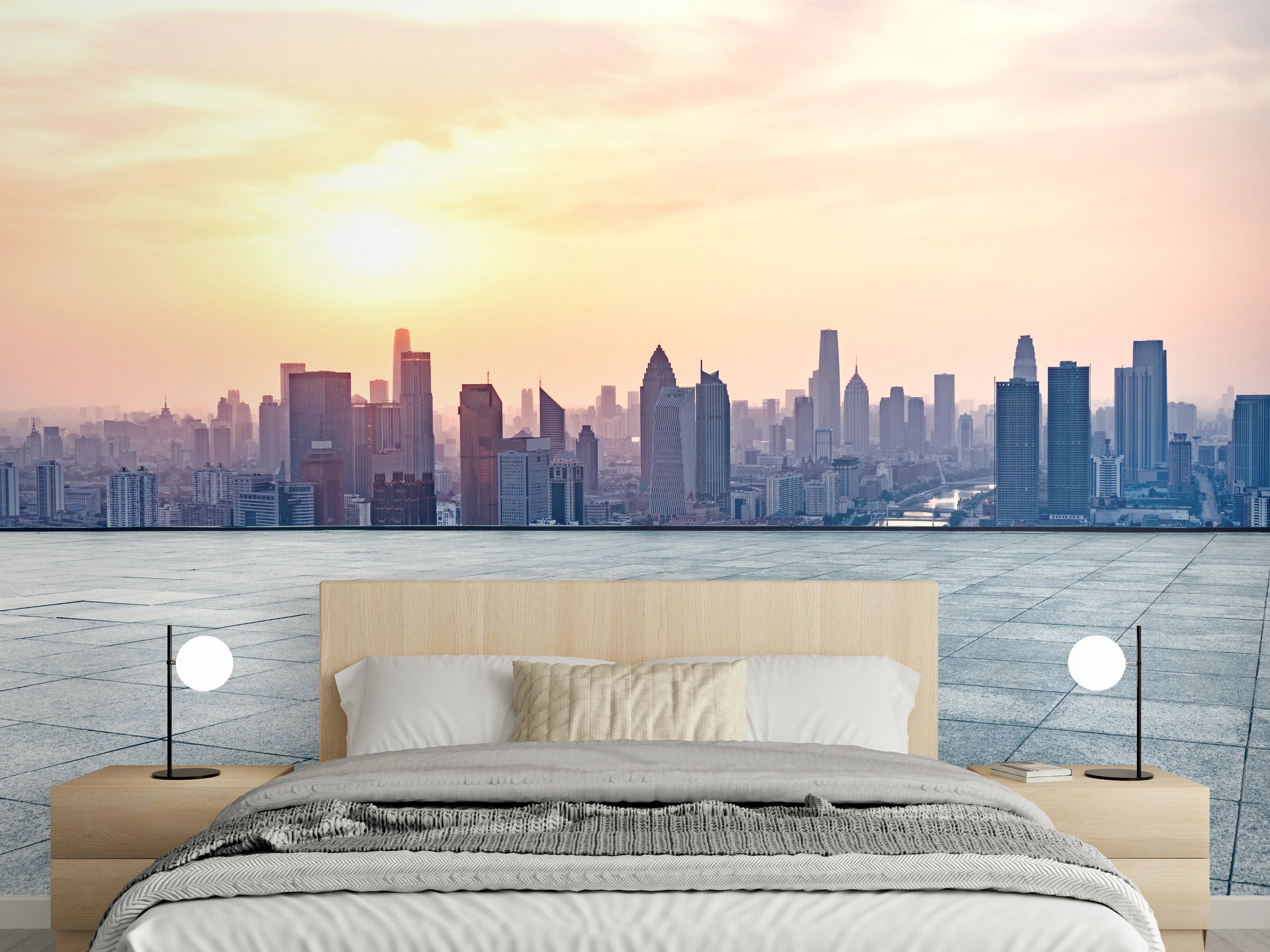 Wandverkleidung Schlafzimmer - Städtische Skyline bei Sonnenaufgang