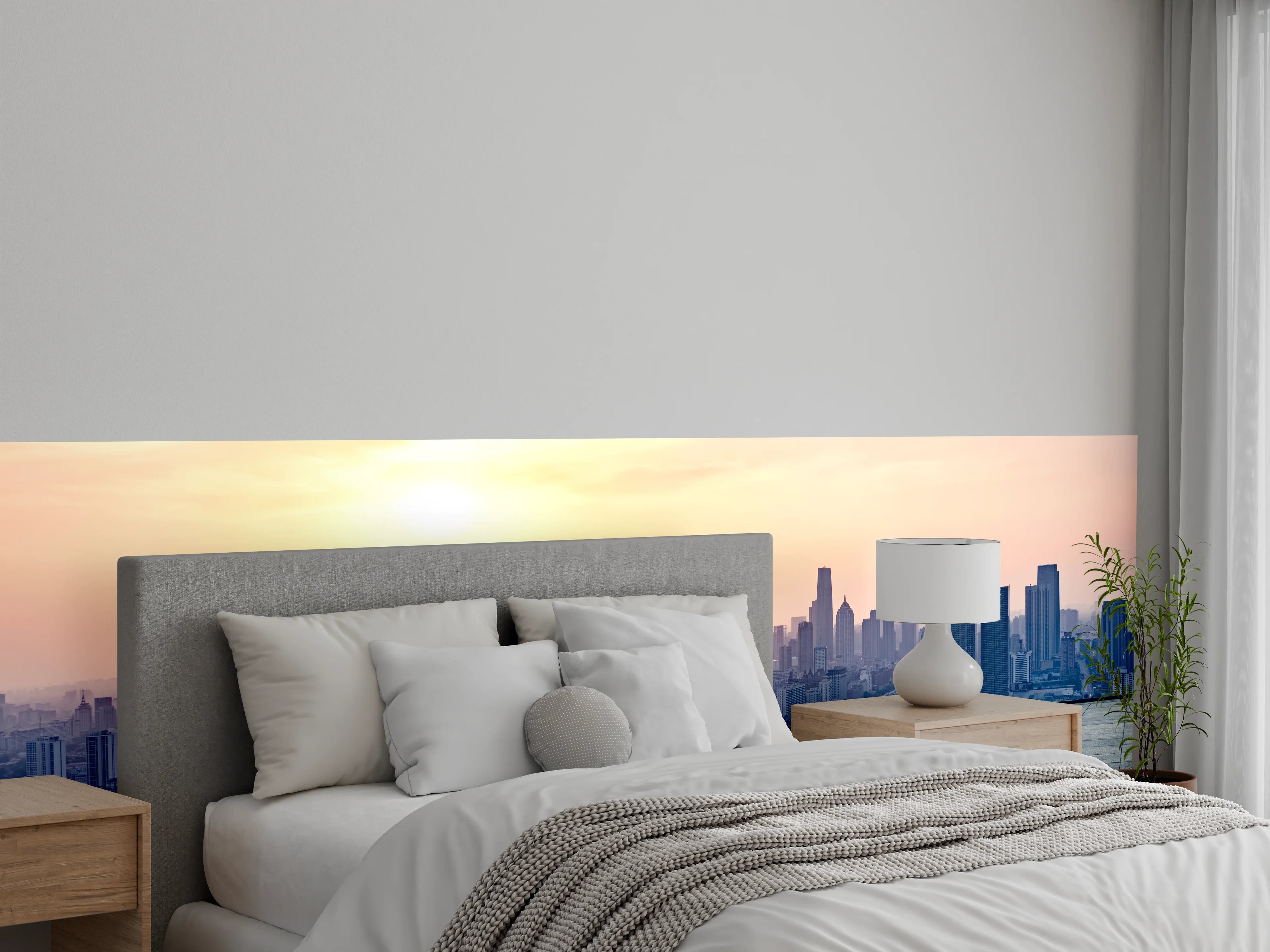 Wandverkleidung Schlafzimmer - Städtische Skyline bei Sonnenaufgang