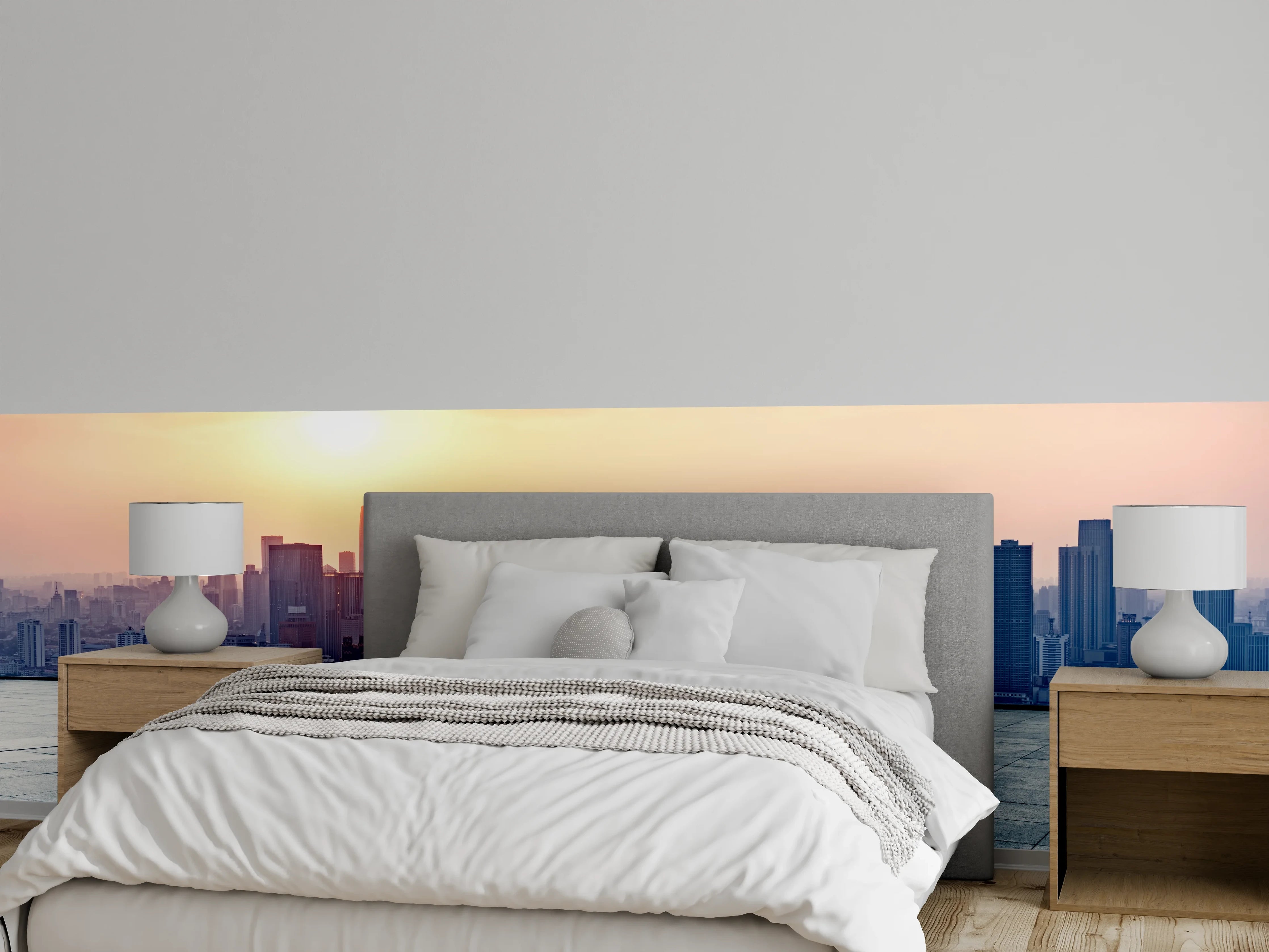 Wandverkleidung Schlafzimmer - Städtische Skyline bei Sonnenaufgang