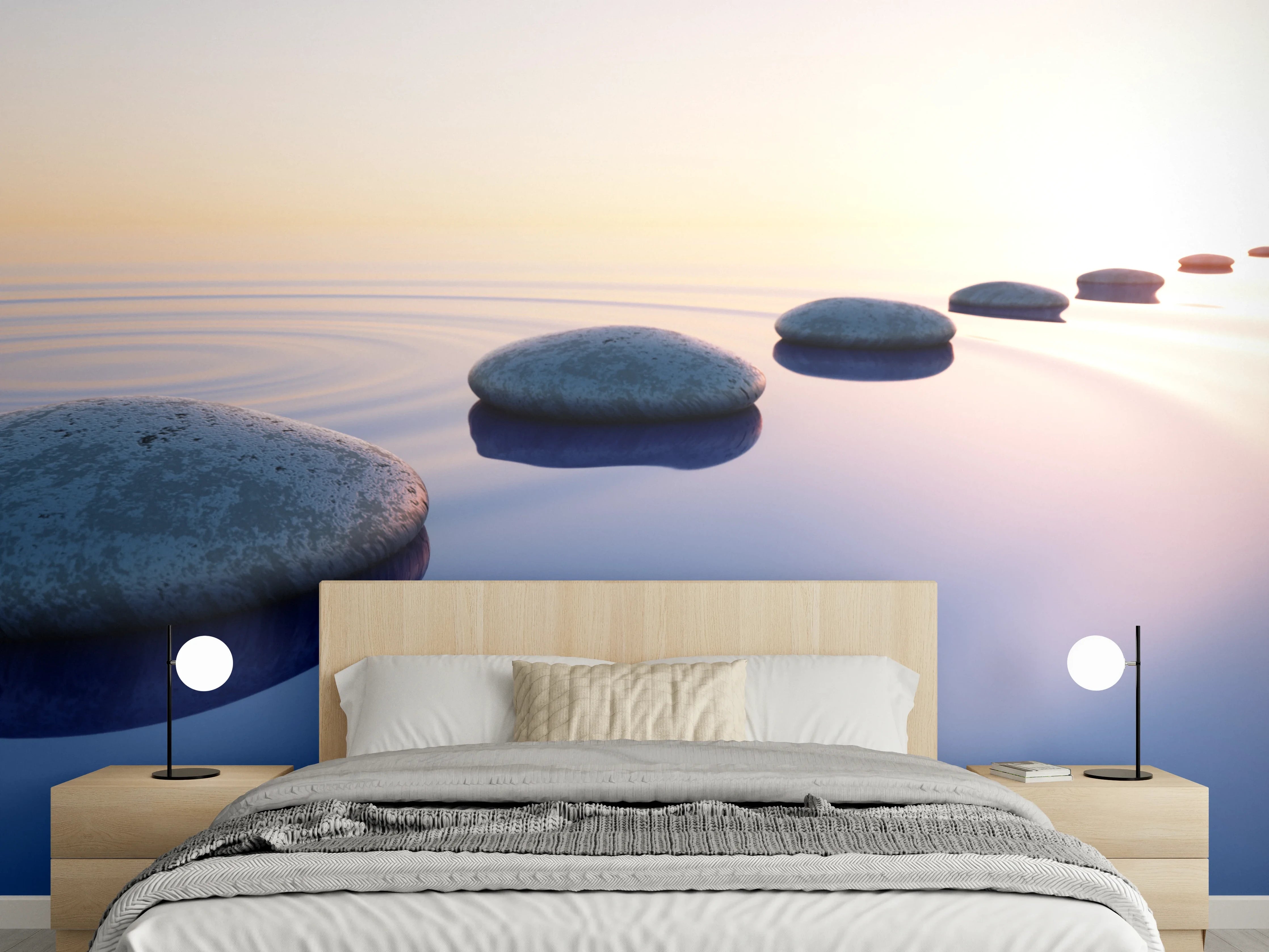 Wandverkleidung Schlafzimmer - Steine im See bei Sonnenaufgang