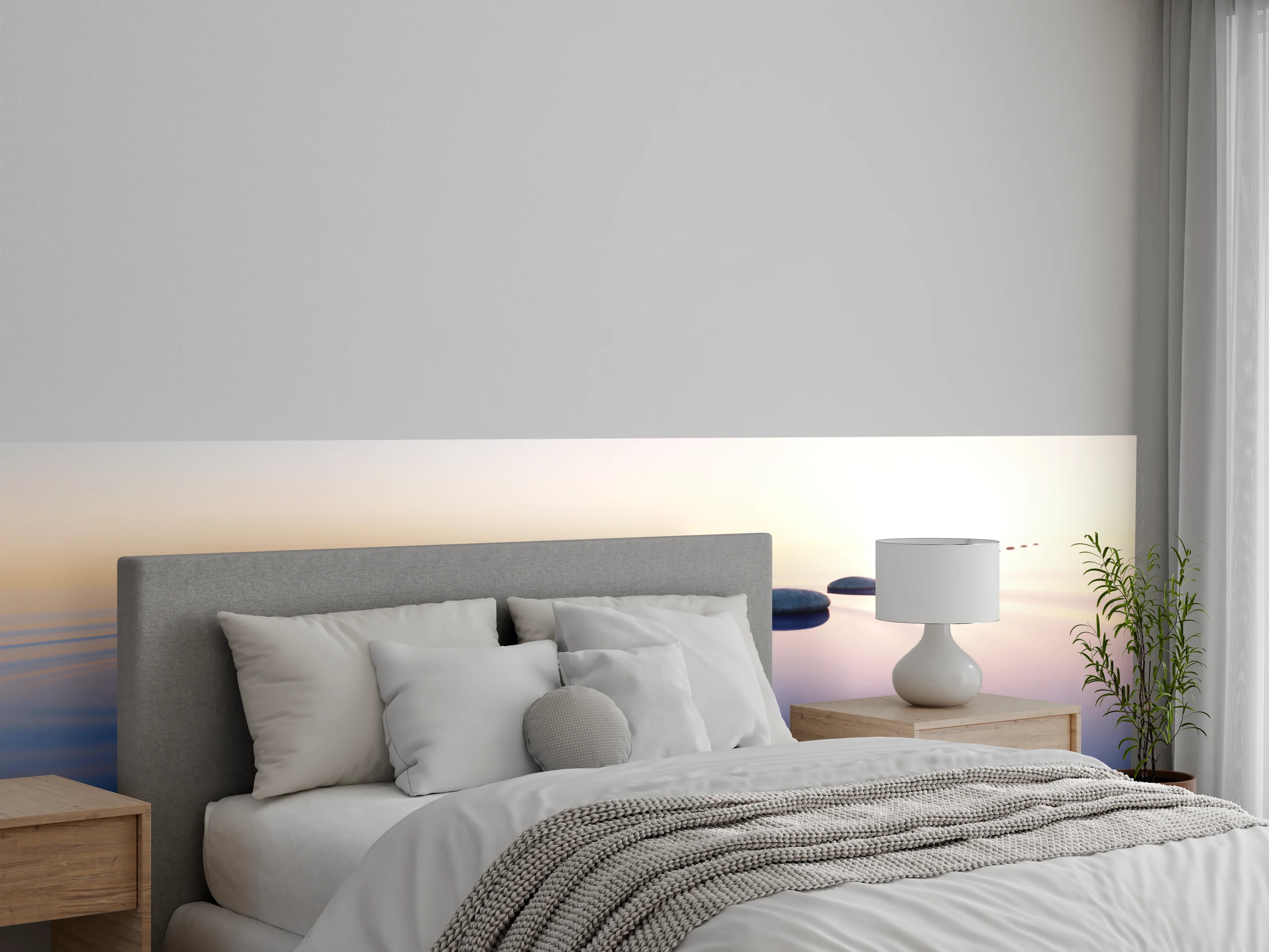 Wandverkleidung Schlafzimmer - Steine im See bei Sonnenaufgang