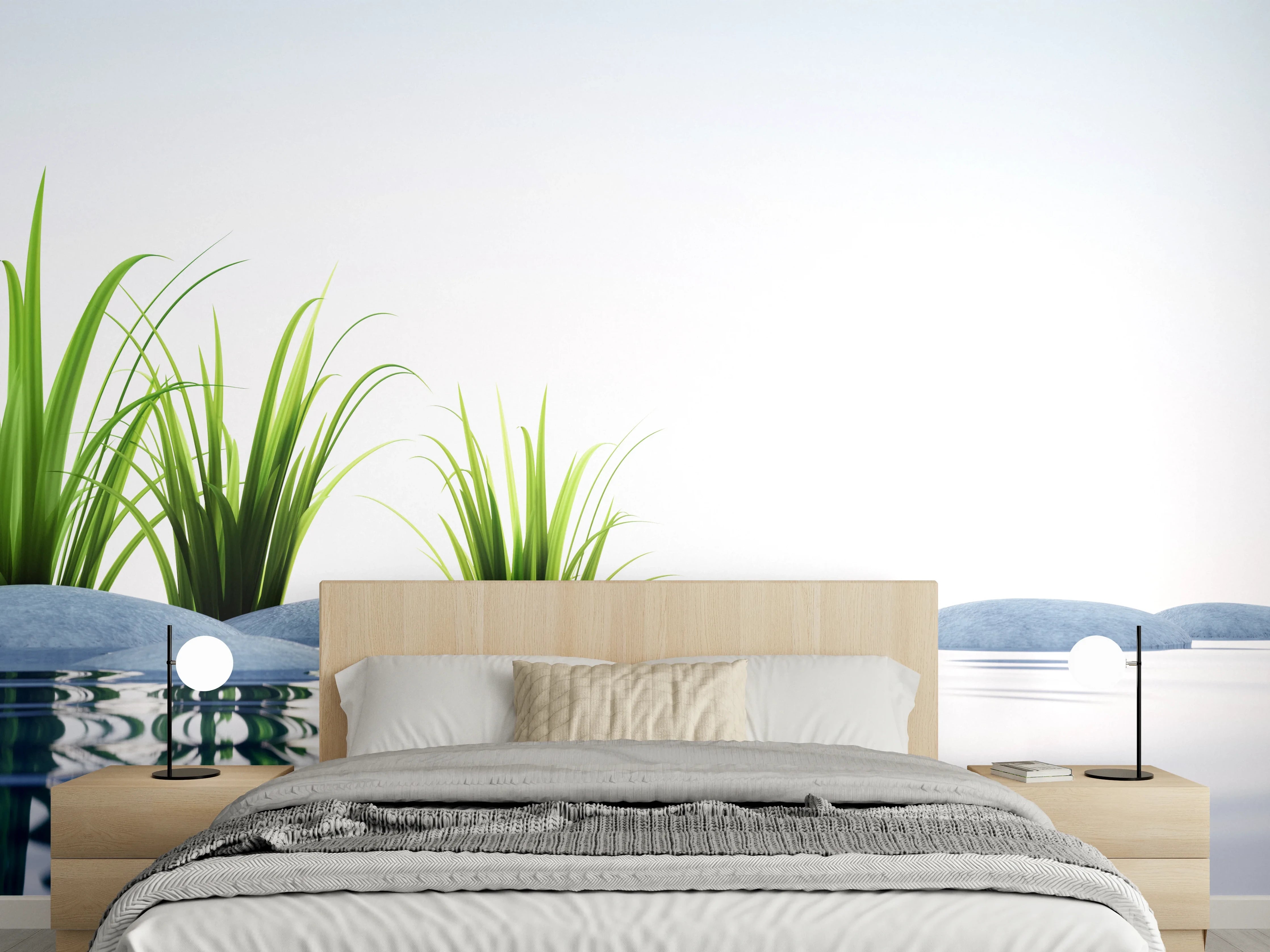 Wandverkleidung Schlafzimmer - Steine und Gras im See Querformat