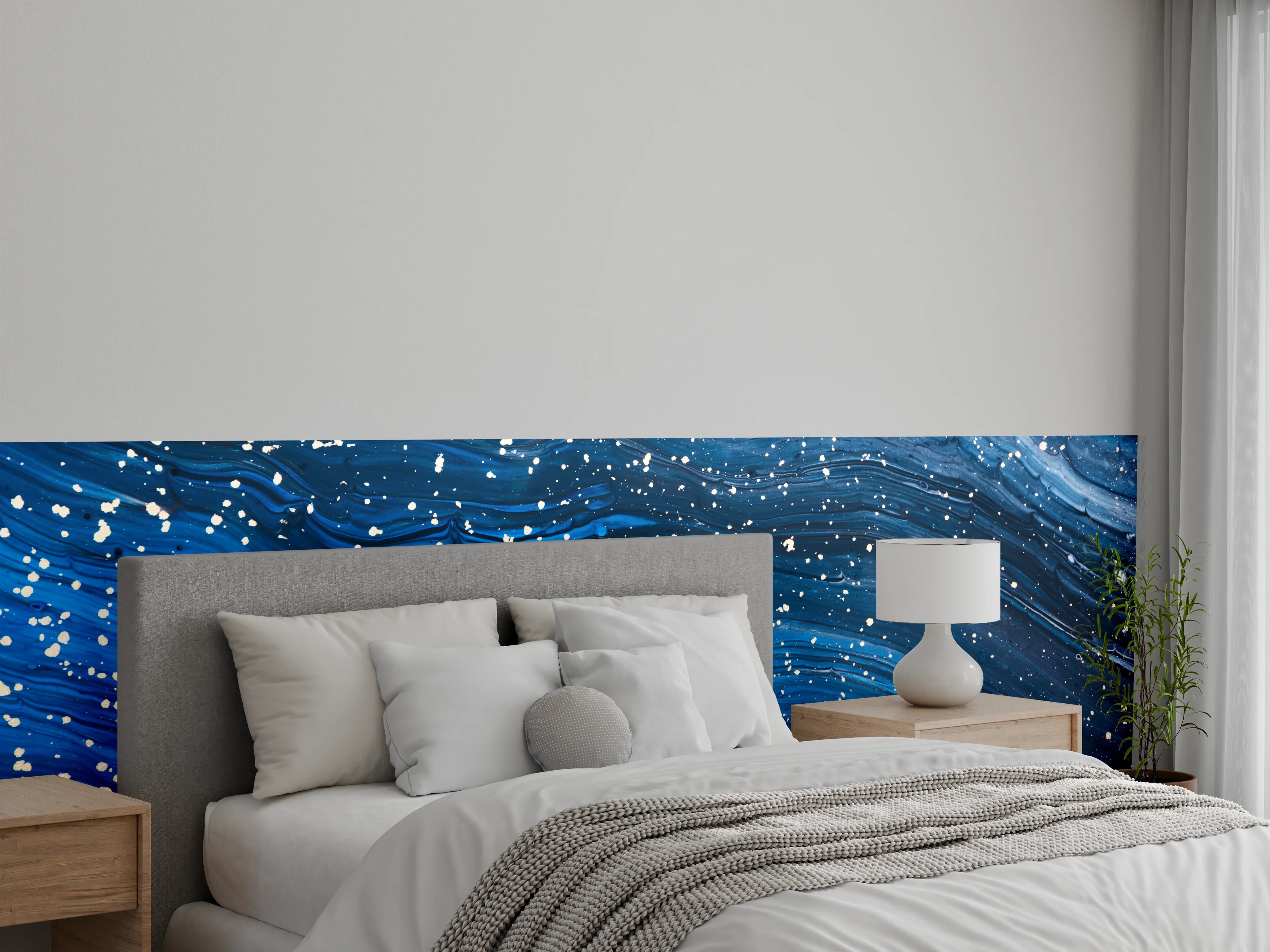 Wandverkleidung Schlafzimmer - Sternenhimmel abstrakt in Blau und Weiß