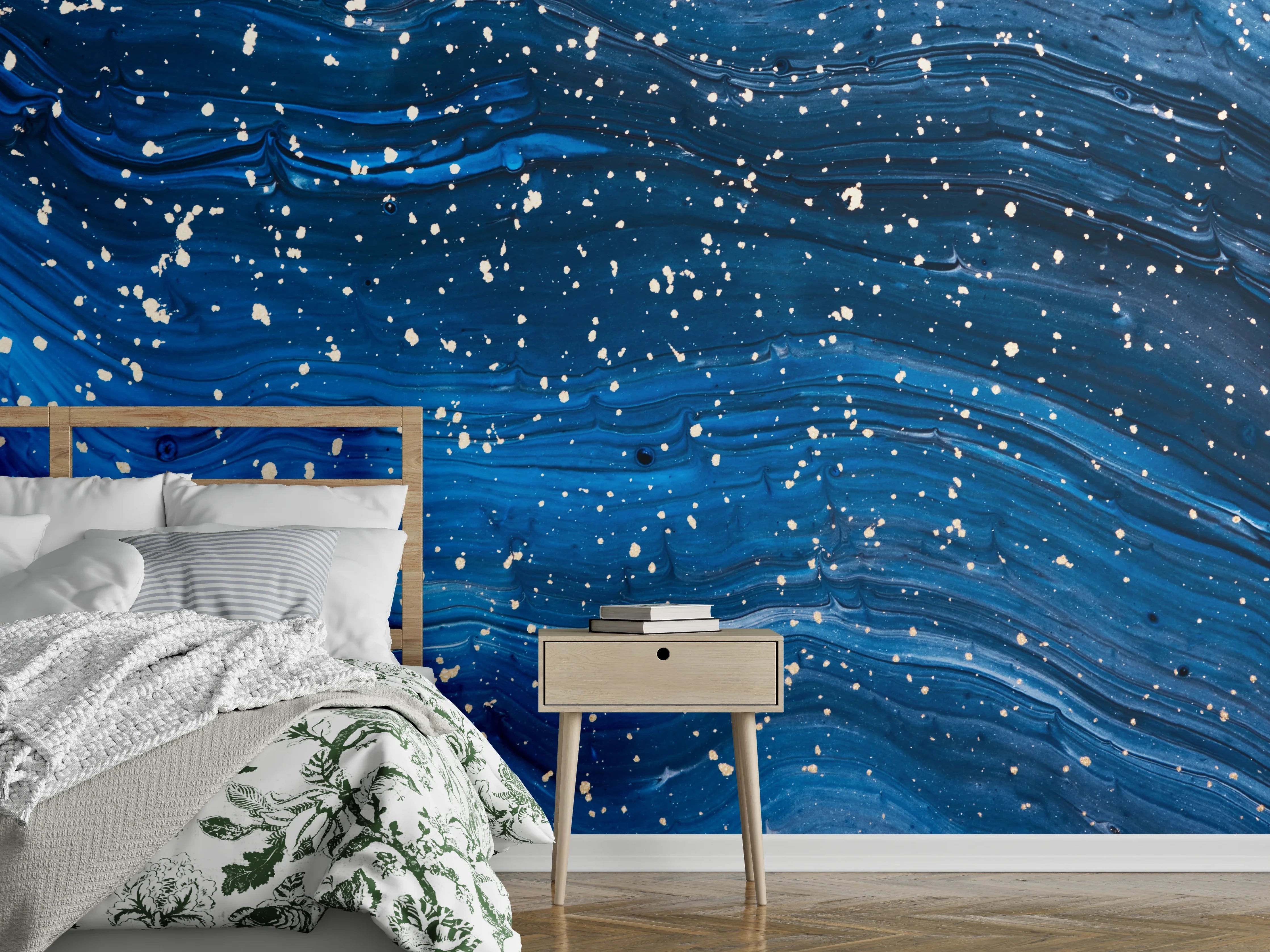 Wandverkleidung Schlafzimmer - Sternenhimmel abstrakt in Blau und Weiß