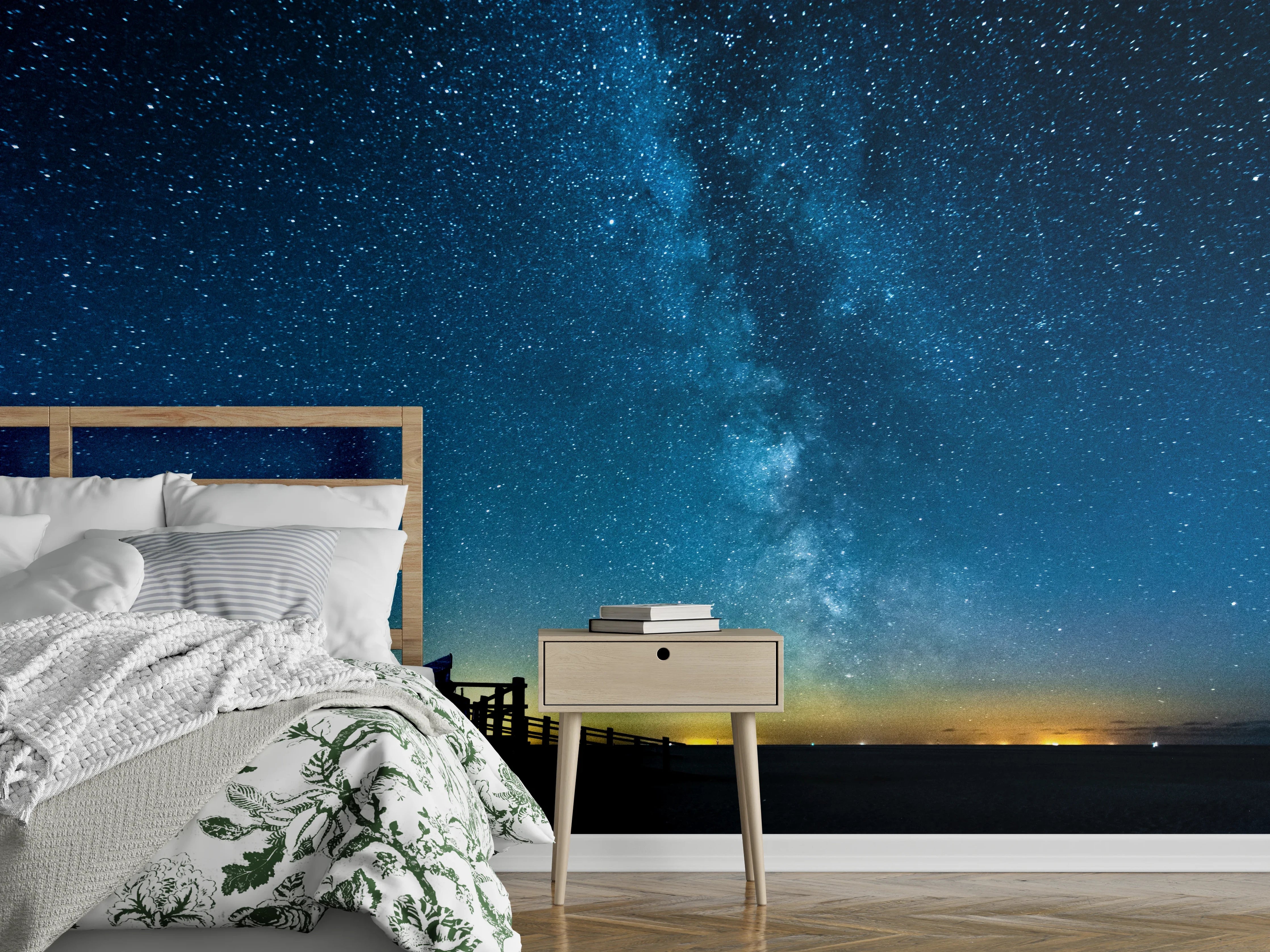 Wandverkleidung Schlafzimmer - Sternenhimmel am Meer mit Milchstraße