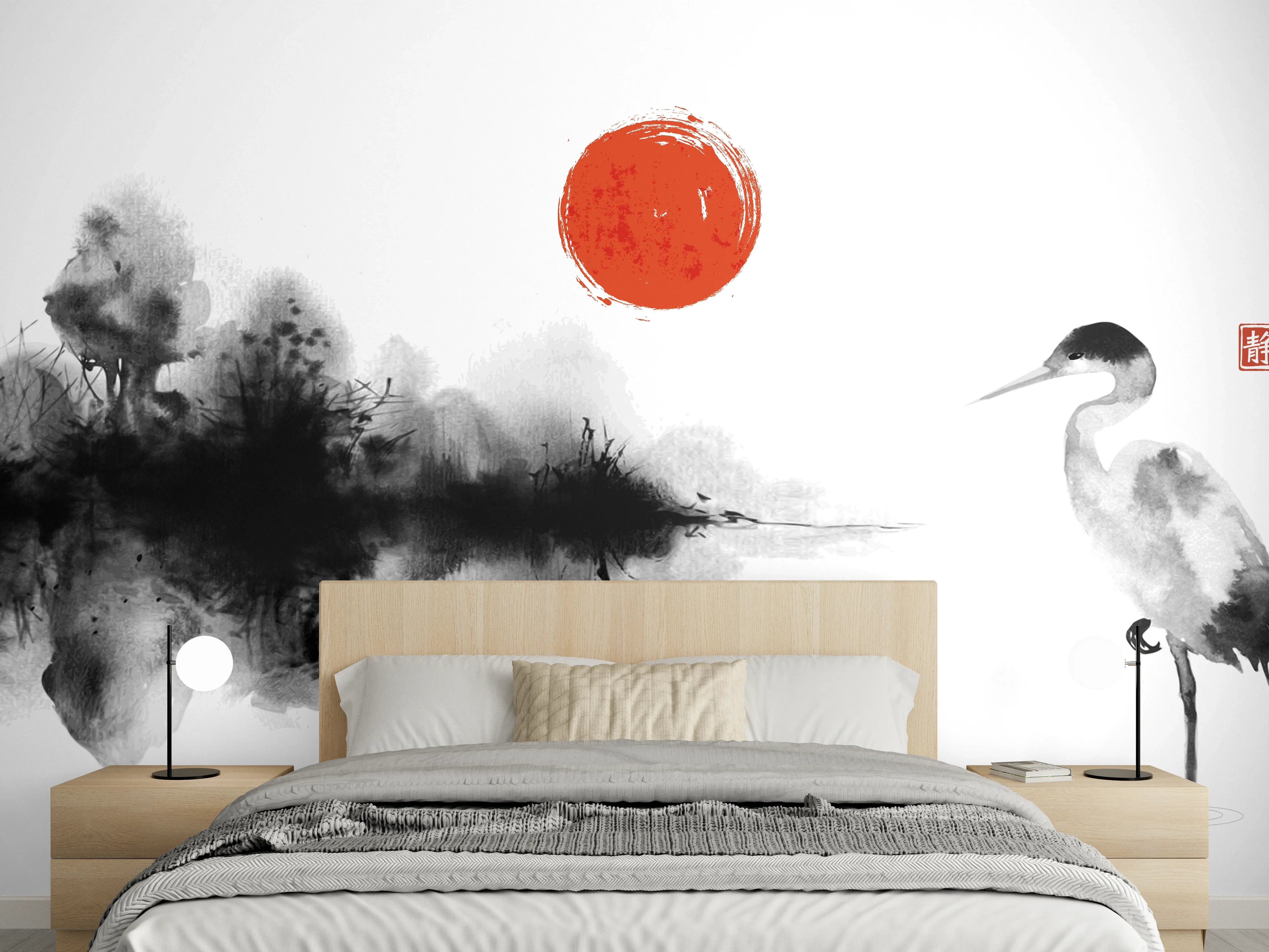 Wandverkleidung Schlafzimmer - Stille Heron Tintenkunst