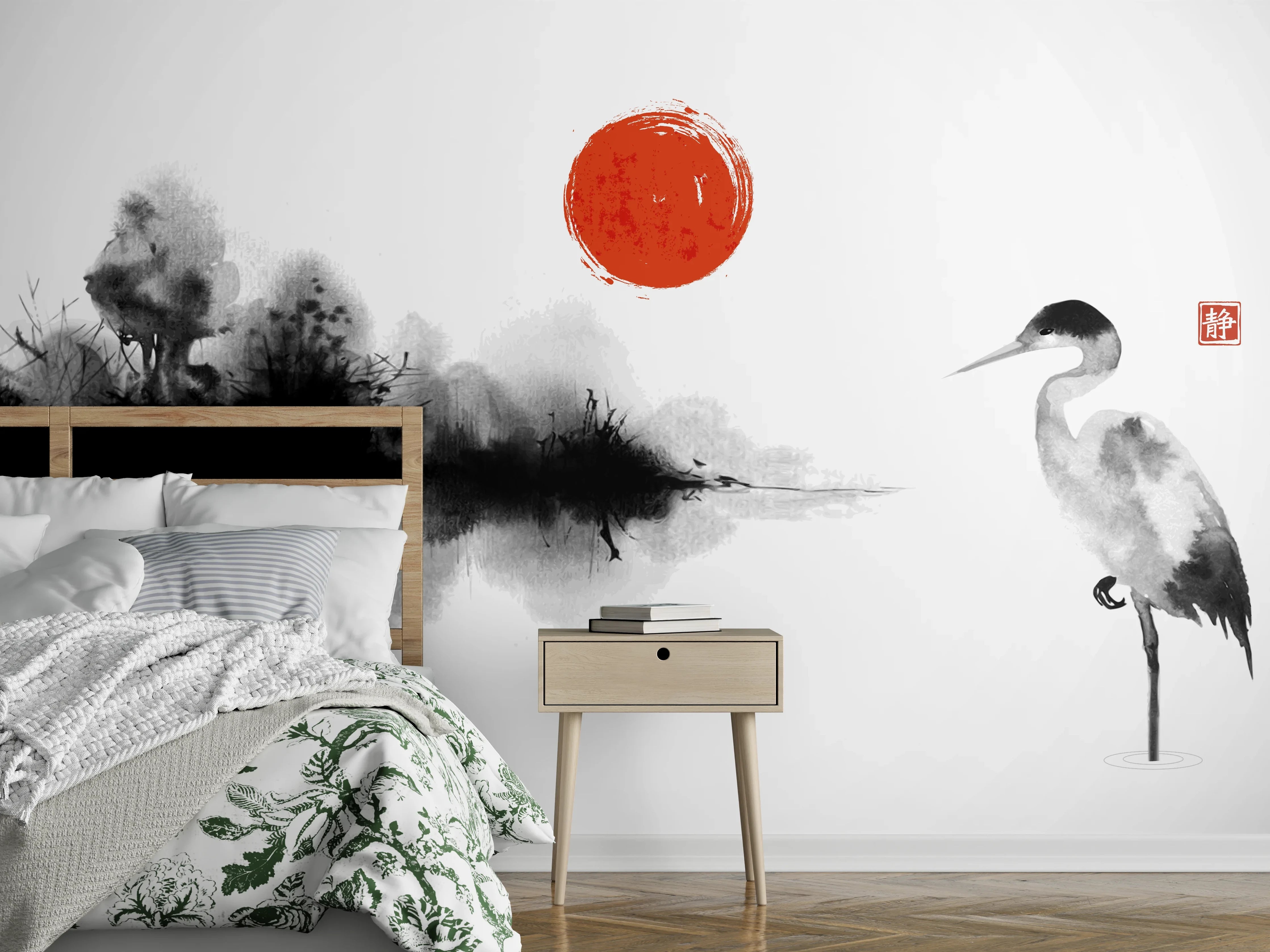 Wandverkleidung Schlafzimmer - Stille Heron Tintenkunst