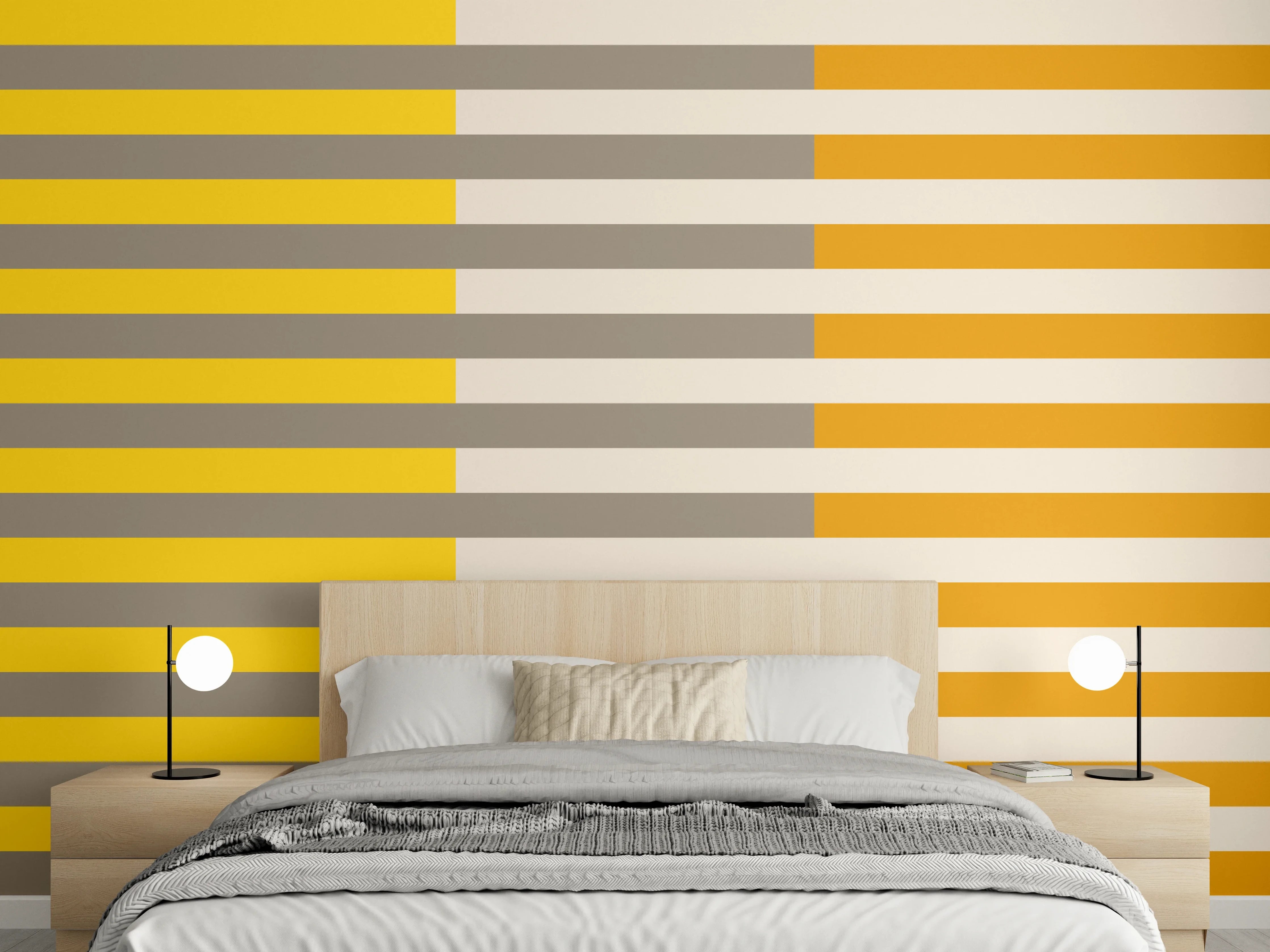 Wandverkleidung Schlafzimmer - Stilvolle Linien in Gelb und Grauschattierungen